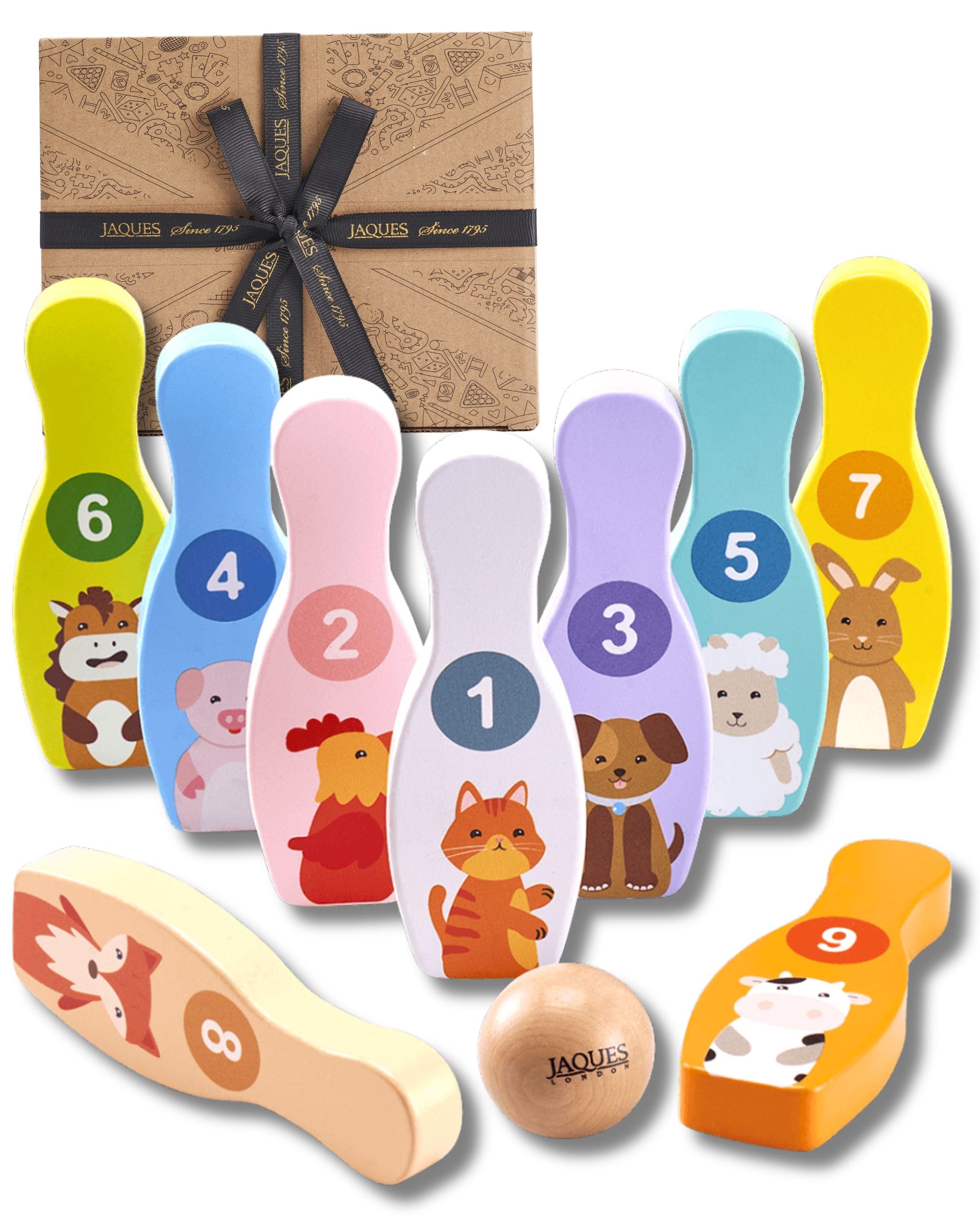 Jaques of London Wooden Animal Skittles | Kids bowling set with 10 Animal Toy Skittles & Ball | Wooden Toys for 1 Year Girls & Boys | Since 1795