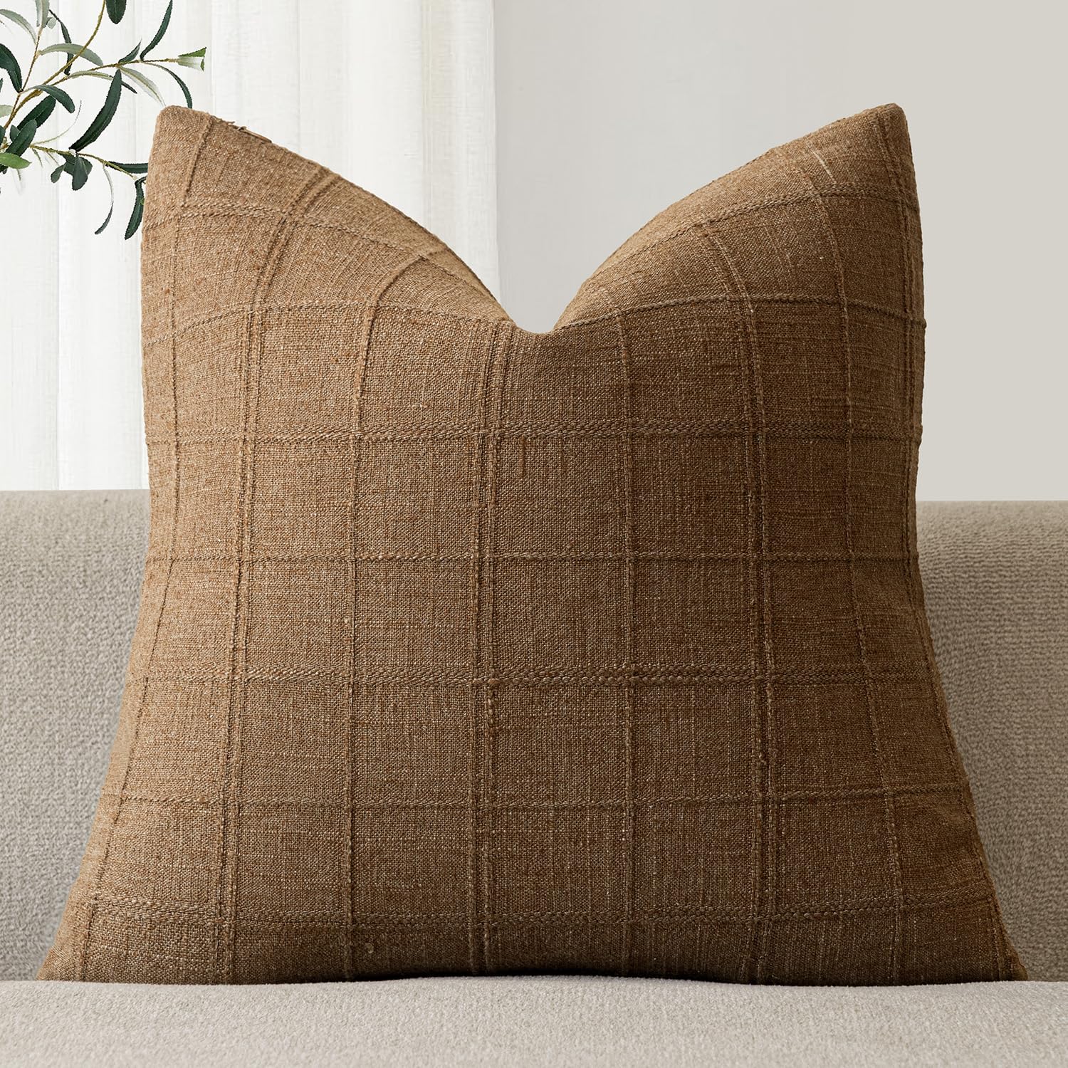 Foindtower Set of 1 Decorative Linen Check Throw Pillow Cover Neutral Farmhouse Vintage Cushion Cover Modern Boho Home Decor for Sofa Chair Couch Bedroom Living Room,26×26 Inch,Brown Hazel