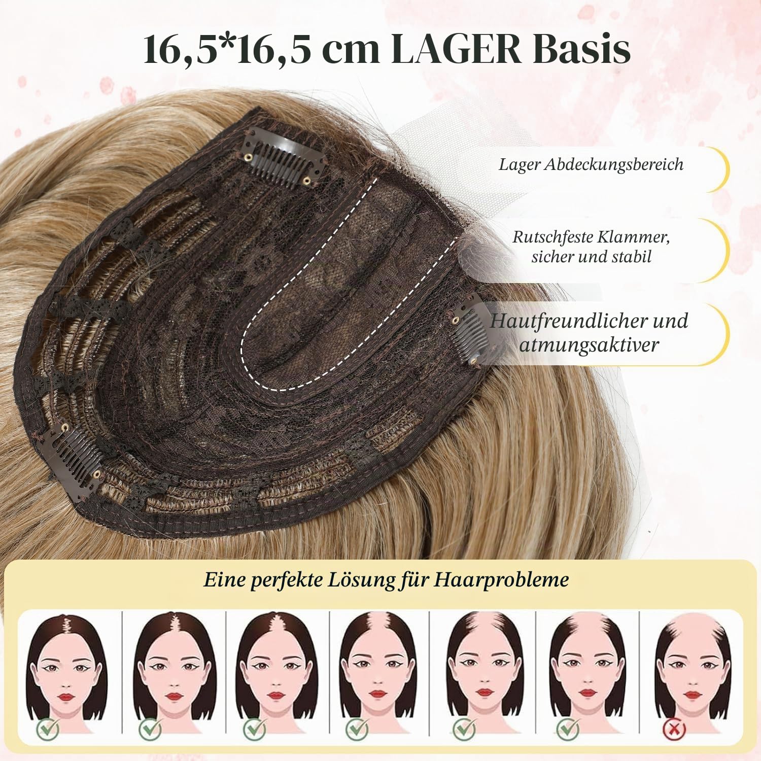 MORICHY Haaraufsätze für dünner werdendes Haar, 16,5x16,5 cm Haaraufsatz mit großer Basis zum Abdecken von grauem Haar oder Haarausfall, synthetische Haarverlängerungen, Clip-in-Pony für den täglichen