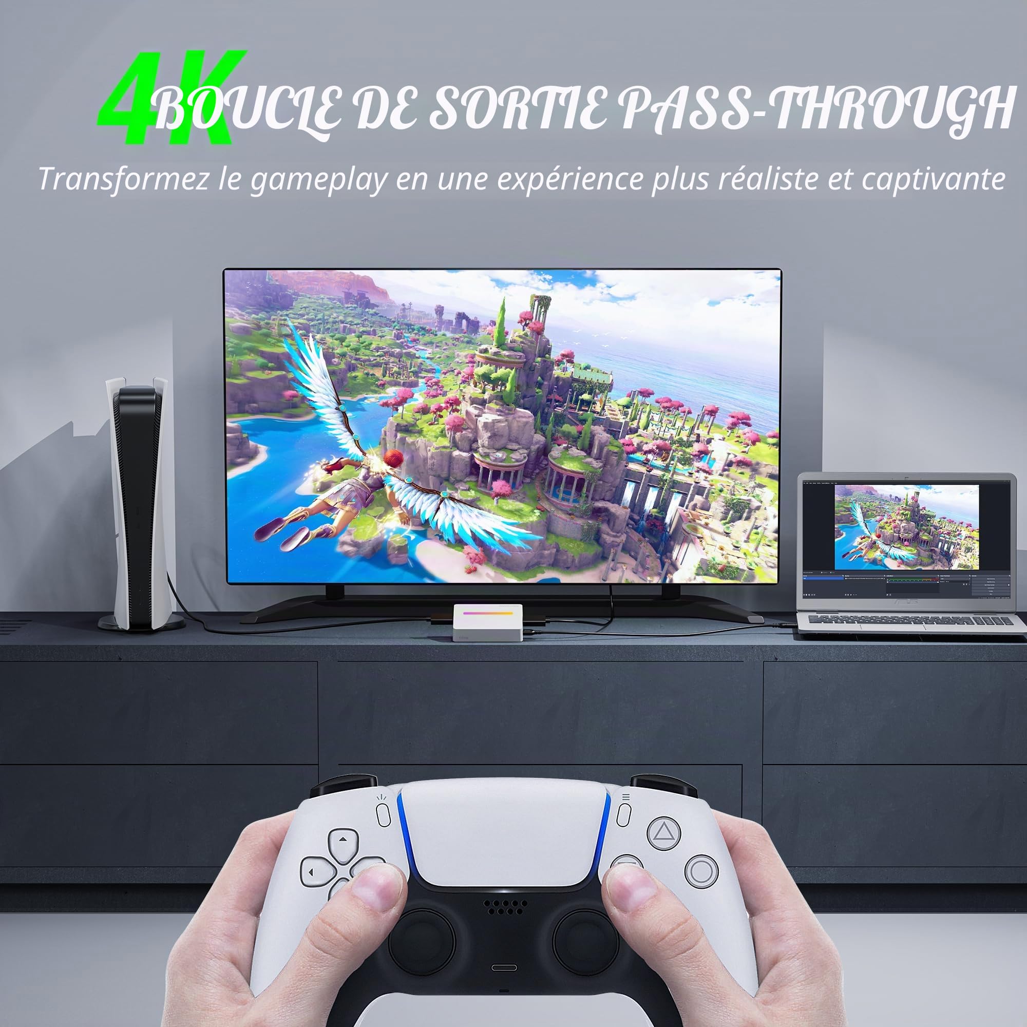 Fifine AmpliGame Carte de capture de jeu USB 4K HDMI, 1080p Audio Vidéo Carte de capture pour OBS Streaming avec RVB, HDMI, compatible avec Switch/XBOX/PS5/Computer-V3 Blanc