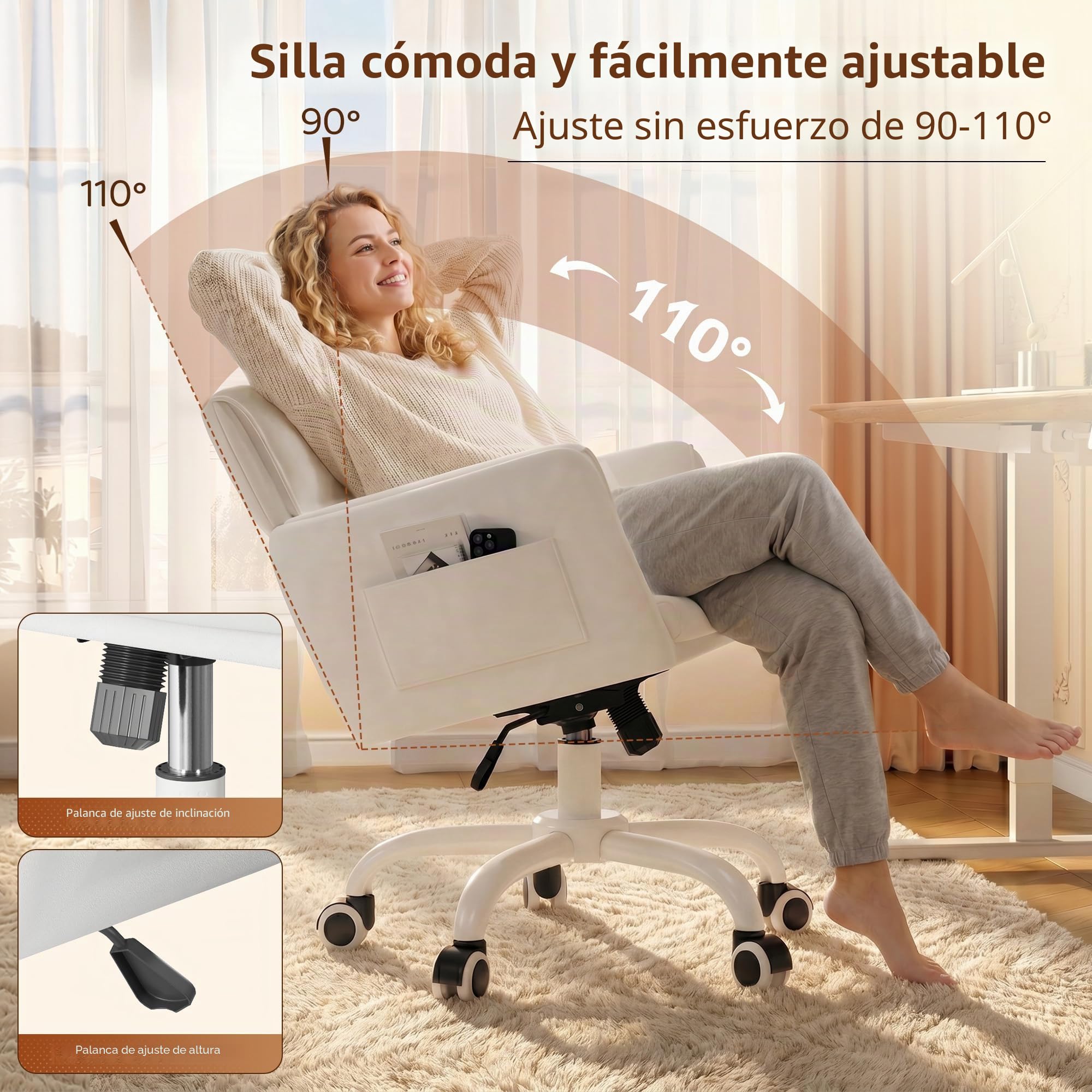 Silla de Escritorio con Ruedas, Silla de tocador Terciopelo, Altura Regulable e inclinable, Adecuada para Oficina, habitación y Estudio, Familiar, soporta hasta 150kg, Blanc