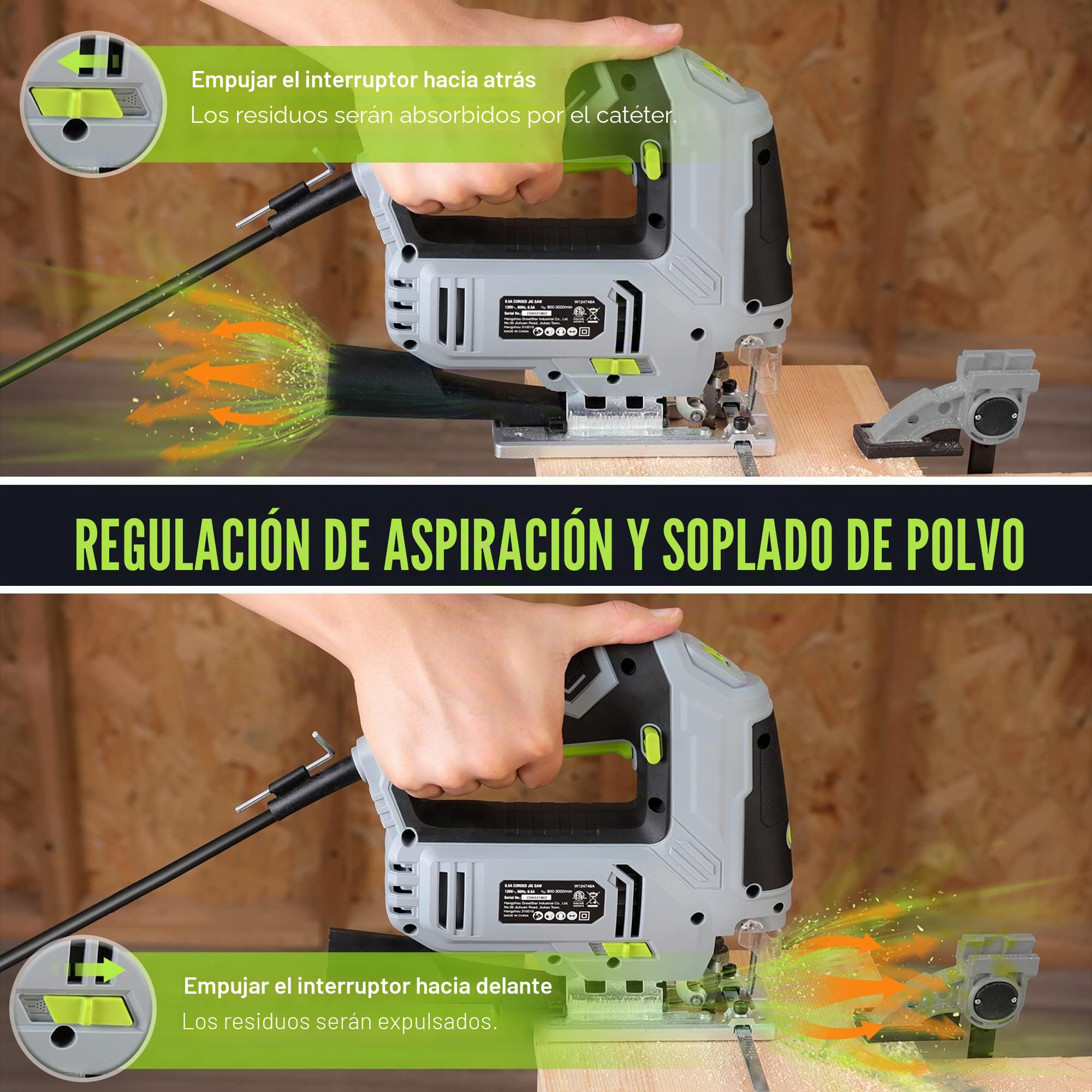 WORKPRO 850W Sierra de calar, con 6 velocidades y 4 posiciones orbitales, función de soplado de polvo, LED luz, ángulo de corte de ±45°, con tubo y regla guía, incluye 7 hojas de sierra