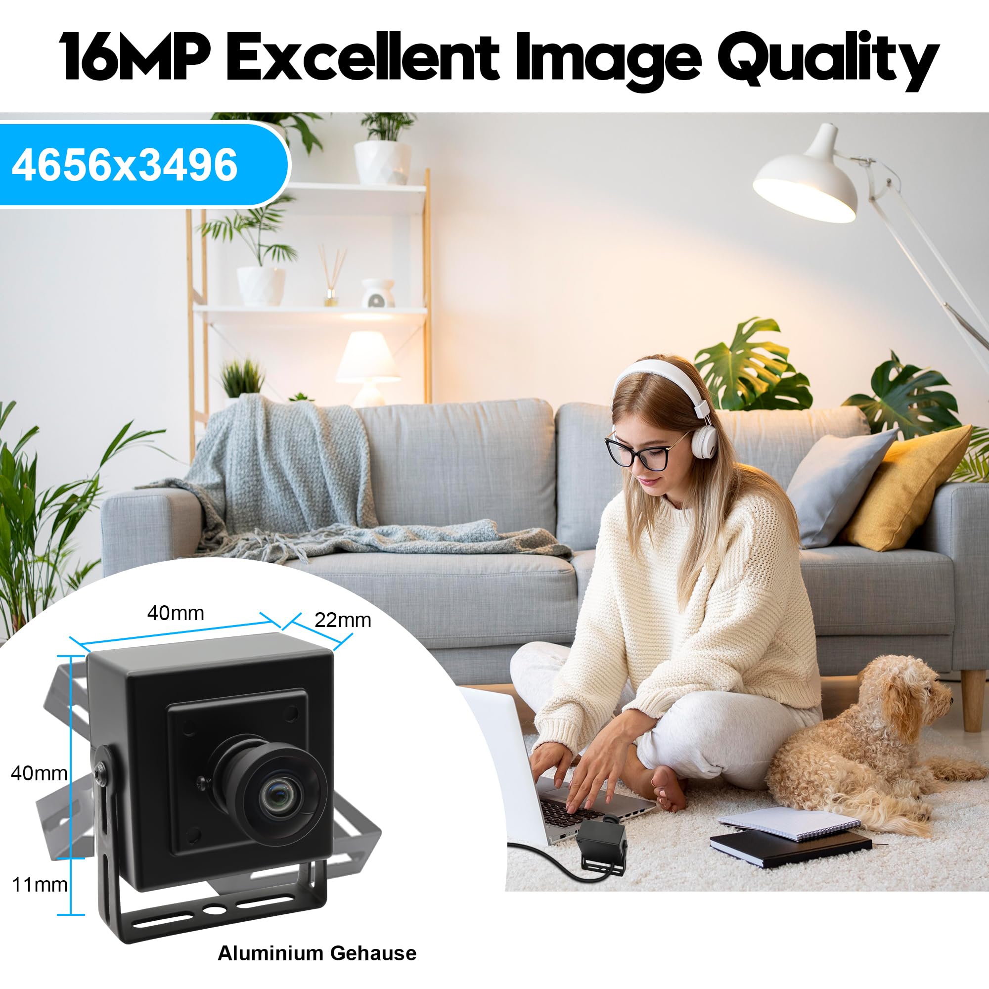 Svpro 16MP USB Kamera Weitwinkel 120 Grad verzerrungsfreie Webcam für Computer Laptop, Embedded Video Kamera mit Metallgehäuse IMX298 Machine Vision USB2.0 Industriekamera für 3D Drucker