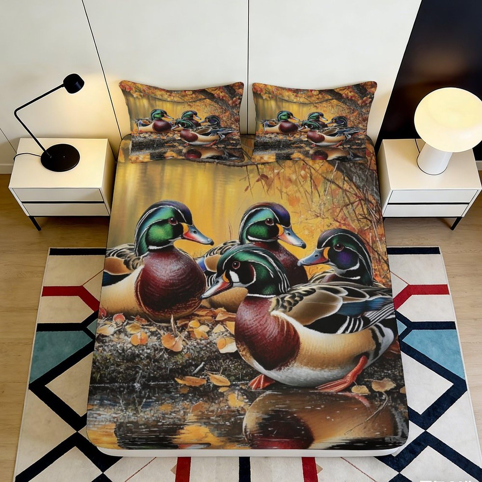 3D Printed Mallard Duck Lake Fitted Sheet Microfiber Autumn Forest Bed Cover for Bedroom Guest Room Decor 90x200x25cm
