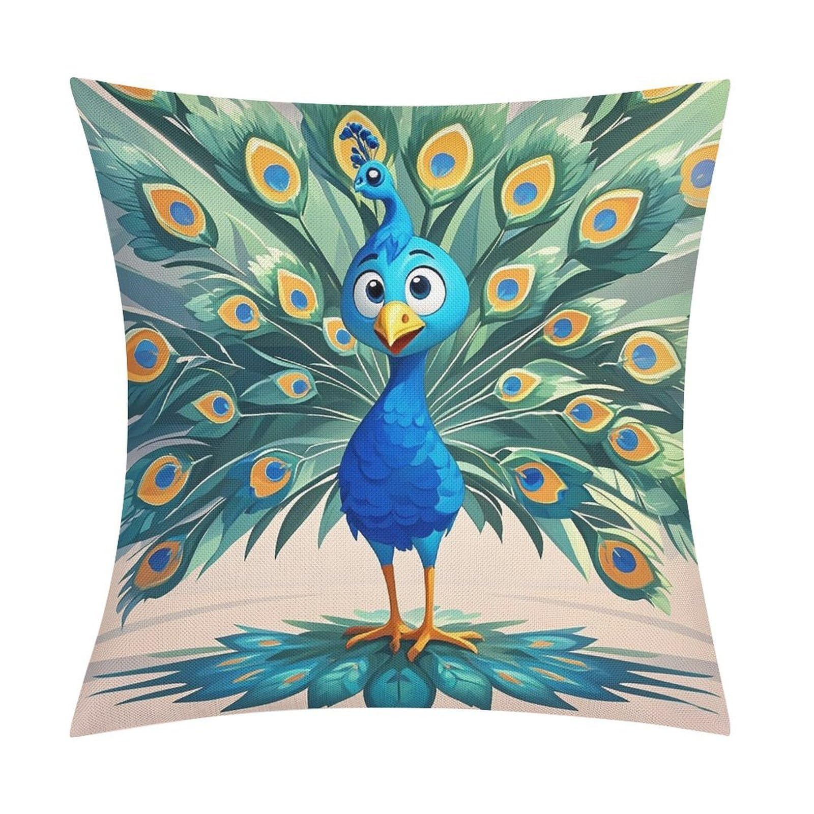 FekiLoot Cartoon Blue Peacock Throw Pillow Cover Soft Square Cushion Case Farmhouse Cushion Cover Decorative Pillow Cover Modern Pillowcase for Sofa Living Room Bed Home Decor 18x18 Inch