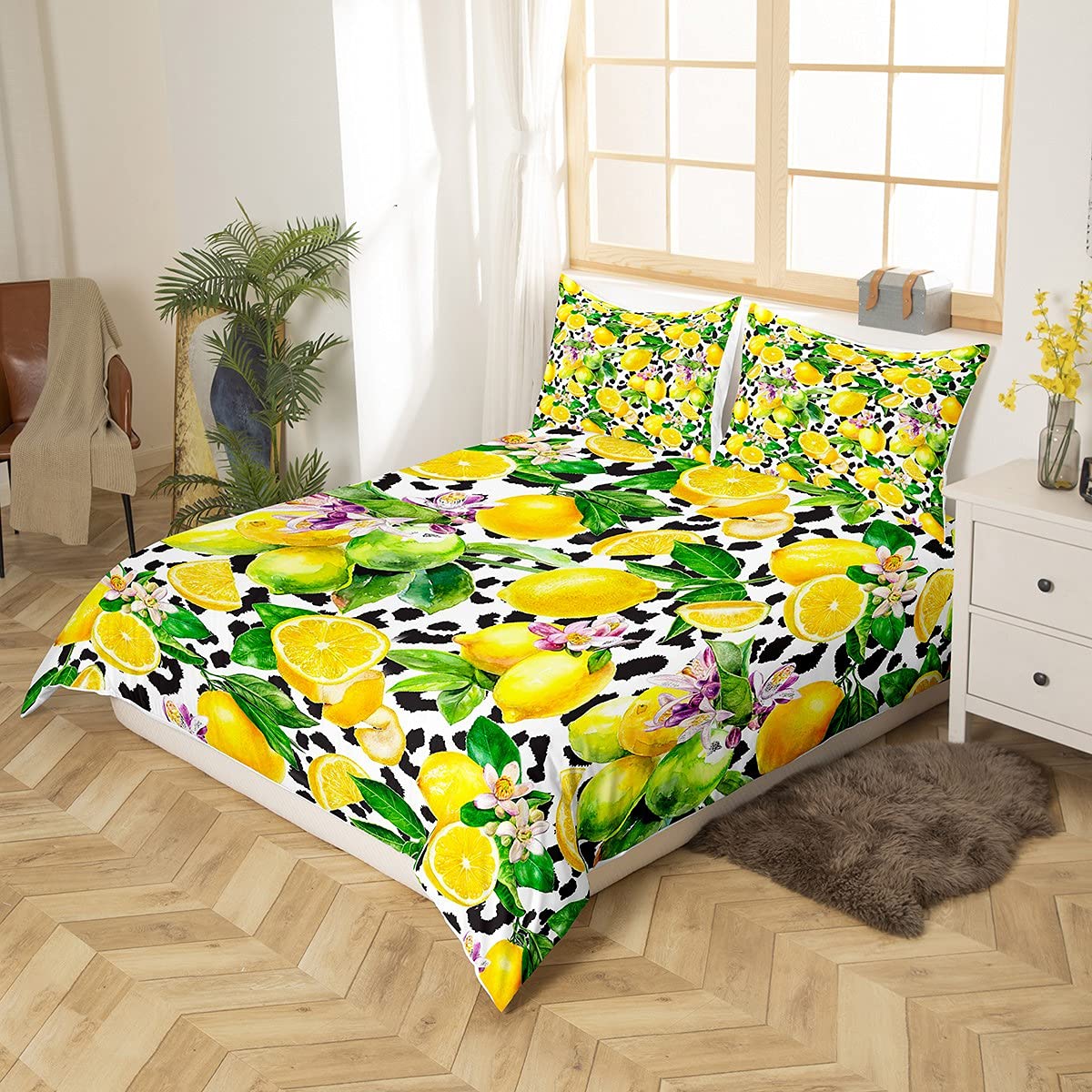 Homemissing Yellow Lemon Duvet Cover Fresh Fruit Bedding Set Black White Cow Comforter Cover for Kids Adults Green Leaves Purple Flowers Bedding & Linen 3Pcs With 2 Pillow Case King Size - Image 3