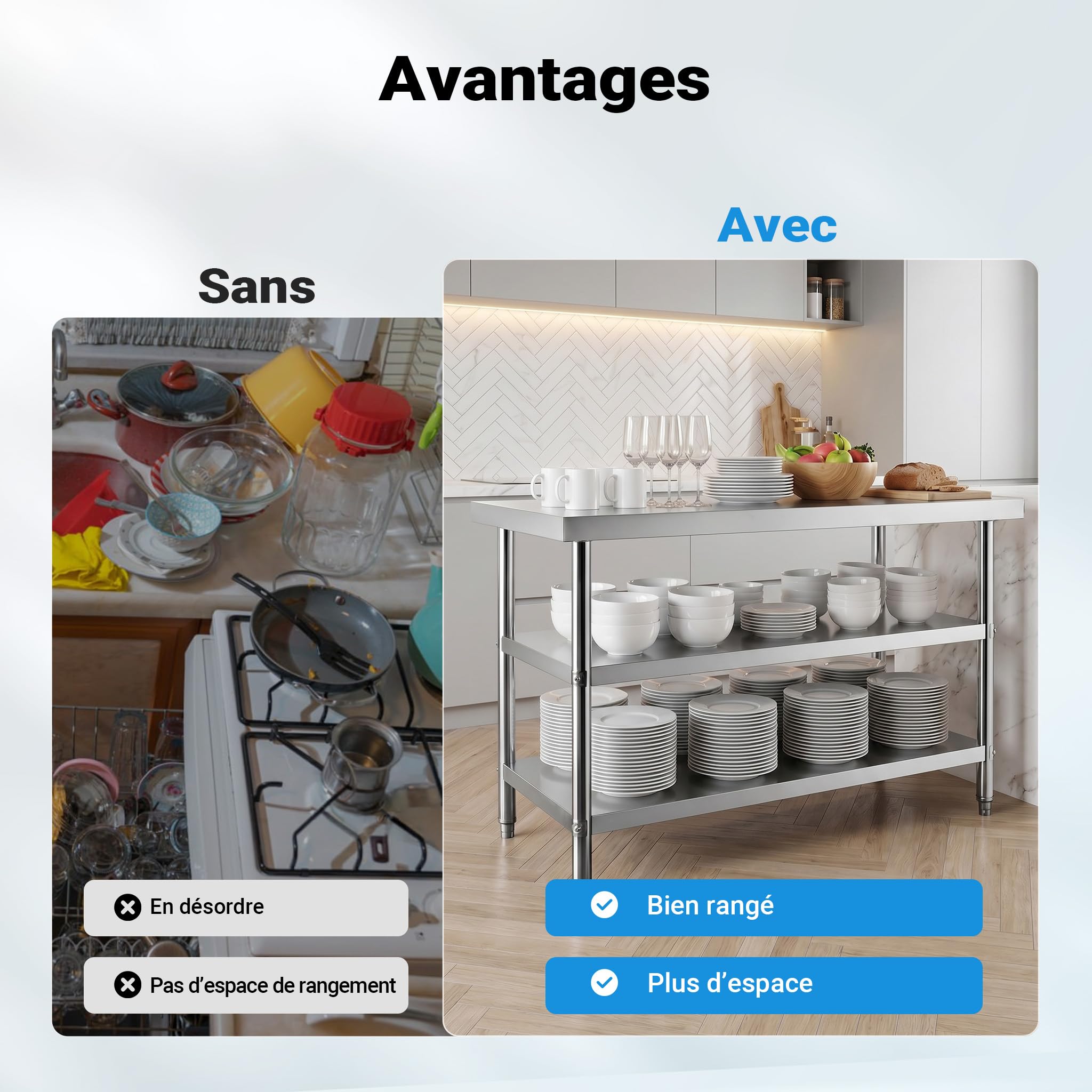 WilTec Table de Travail – 1200 x 600 x 850 mm – en Acier Inoxydable – avec 2 Étagères et Pieds Ajustables – Établi INOX Table INOX