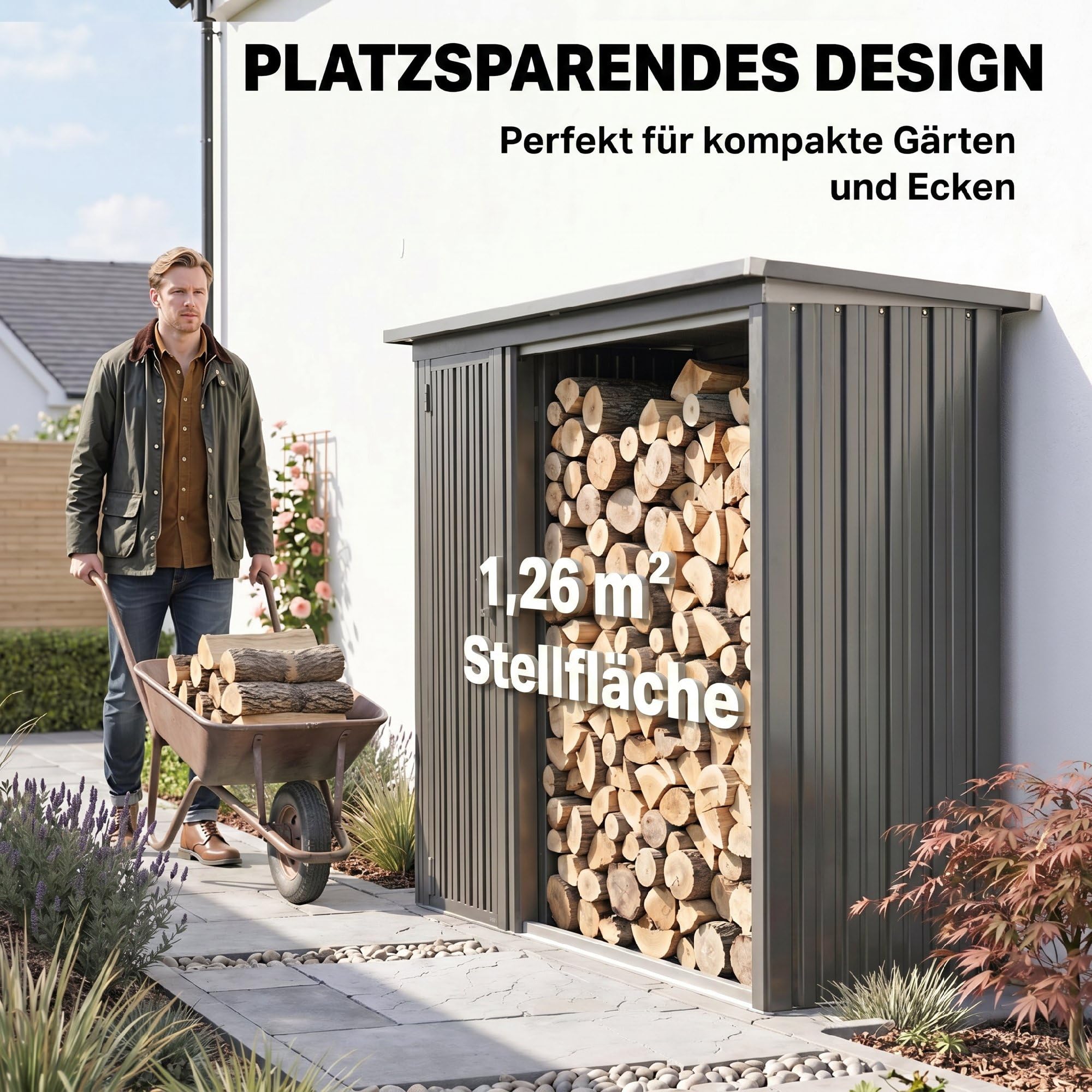 Outsunny 2-in-1 Kaminholzregal Geräteschrank 235x67x149 cm Dunkelgrau | Verzinkter Stahl, Schrägdach, Außen Brennholzregal, Kaminholzunterstand, Brennholzlager, Brennholzunterstand