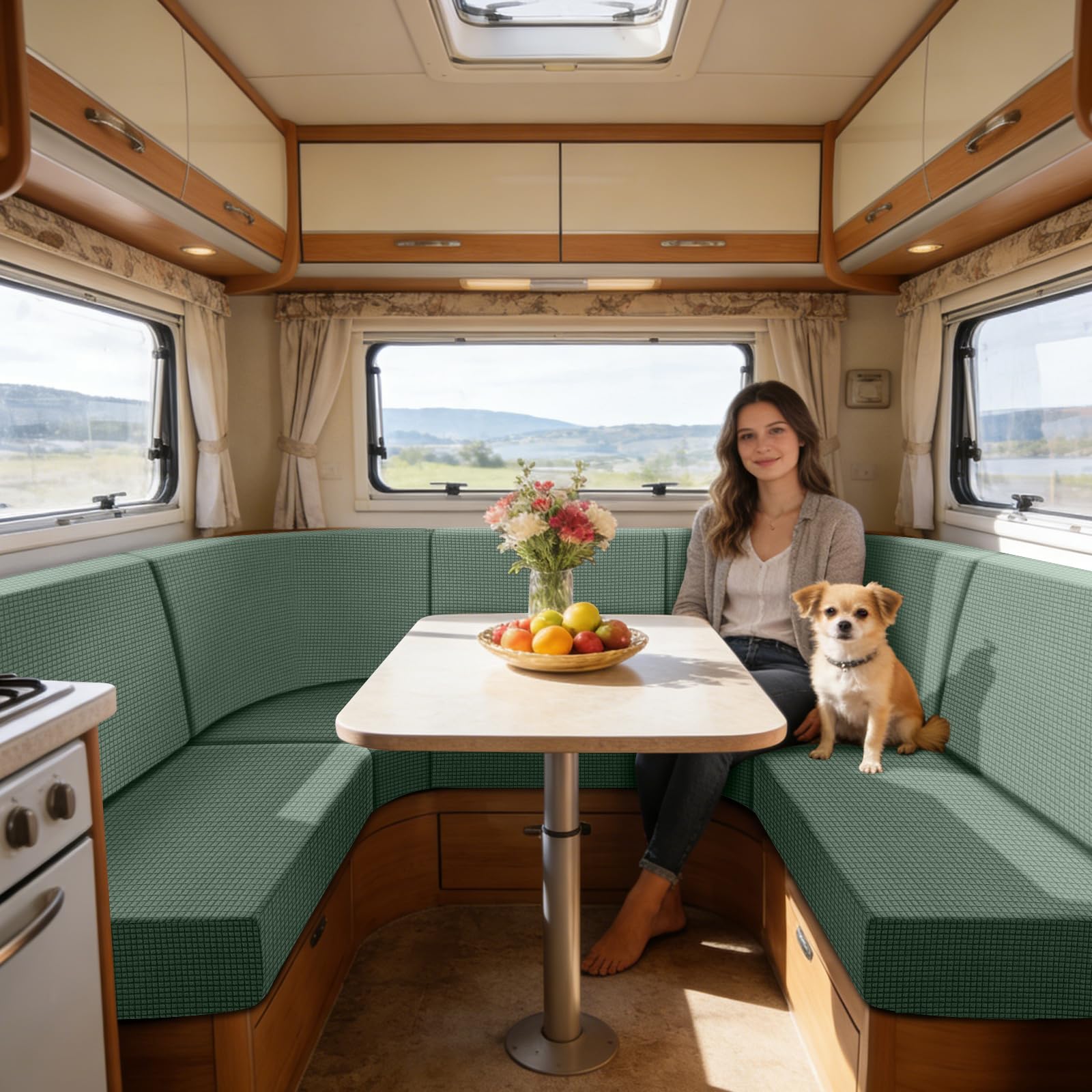 SYLC Caravan Seat Cover Stretch Jacquard, Non-slip RV Dinette Cushion Covers with 2 Straps, Couch Cushion Covers for Camper Sofa Bench (Green,Corner seat)