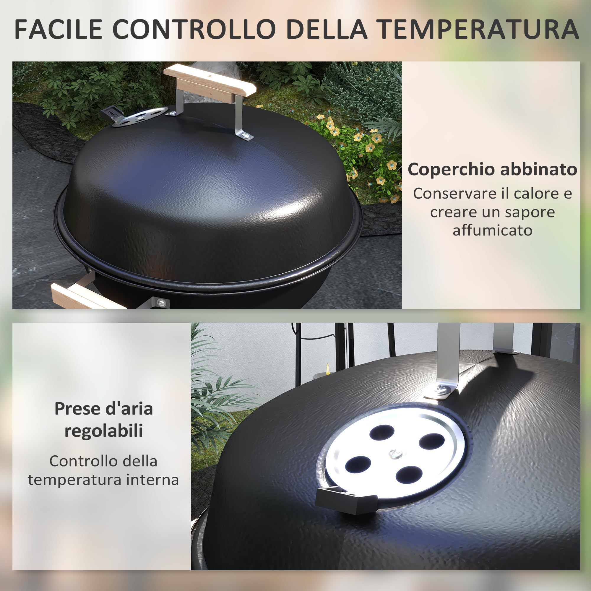 Outsunny Barbecue a Carbonella con Griglia in Metallo, Barbecue da Giardino con Coperchio, Prese d'Aria, Ruote, Raccogli Cenere, Ripiano e Maniglia in Legno, 48x56x94 cm, Nero