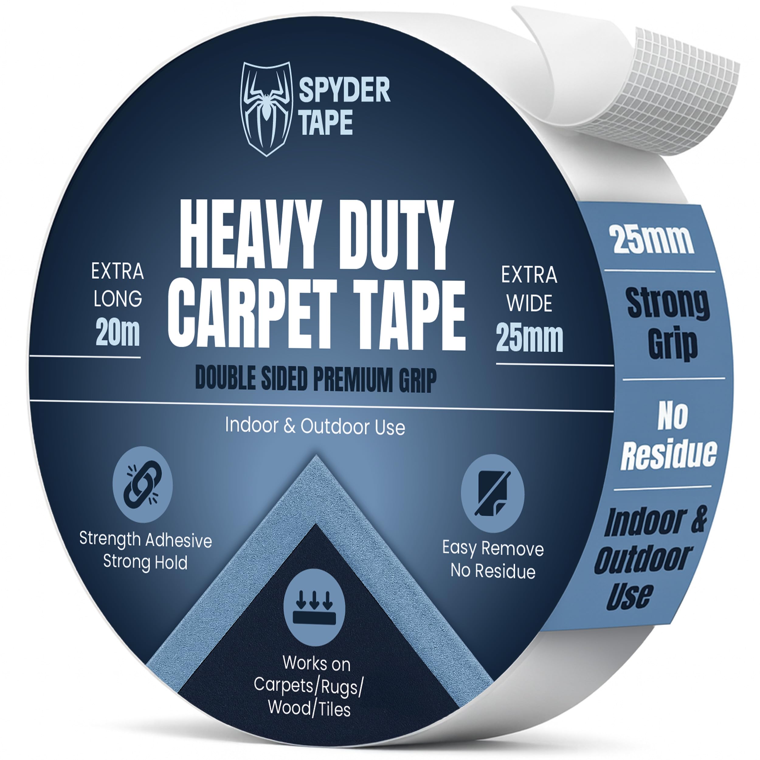 Carpet Tape 25mm x 20m – Heavy Duty Double Sided Rug Tape for Hardwood Floors, Laminate, Vinyl & Tile – Strong Anti-Slip Adhesive for Rugs, Runners, Mats, Carpet Tiles & Stair Treads – No Residue