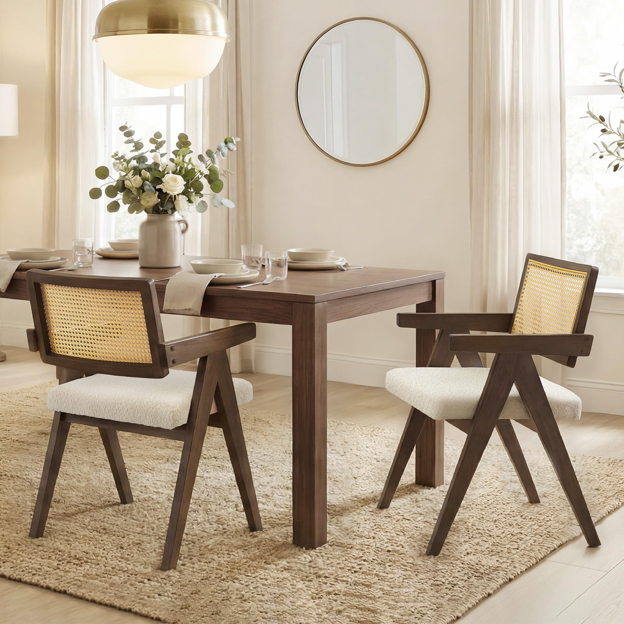 CHITA Rattan Dining Chairs Set of 2, Modern Dining Chair with 2.8inch Cushion, Rubberwood Frame Accent Chairs for Dining Room/Kitchen/Living Room,