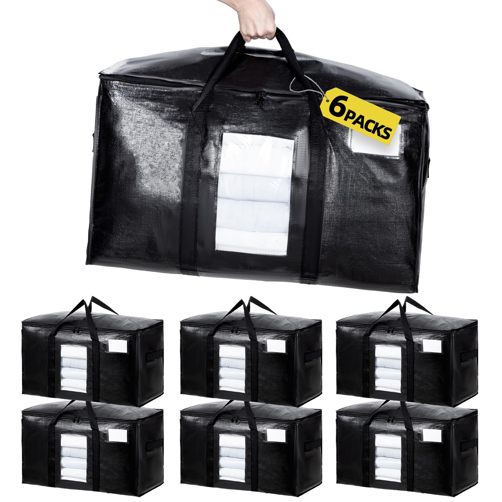 6 Packs Extra Large Moving Bags, Heavy Duty Storage Bag with Zipper & Visible Window, Reinforced Handles Storage Tote with Tag Pocket, Storage Box Moving Supplies for Packaging, Camping, Black