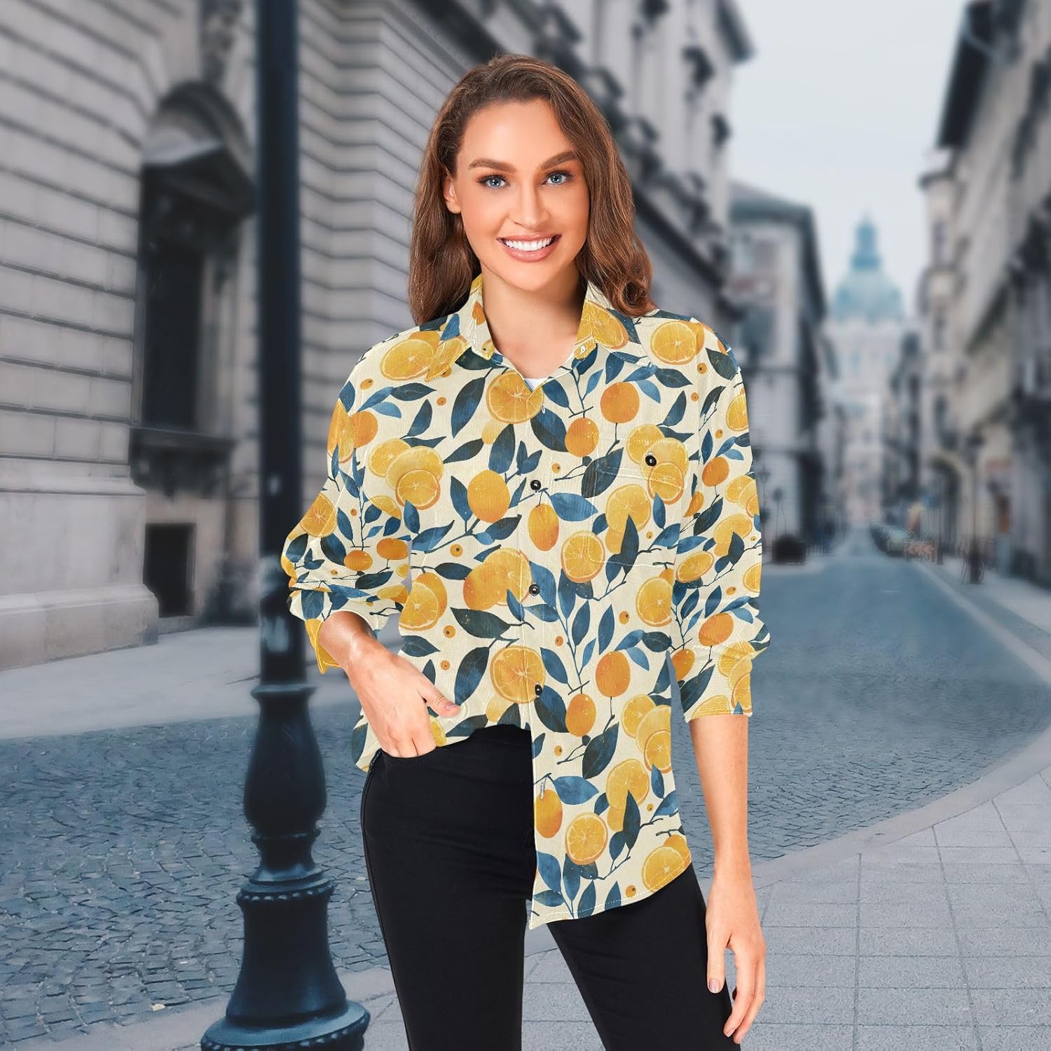 KLL Floral Pattern Orange Fruits Ladies Mens Slim Fit Rugby Shirts Outdoor Long Sleeve Blouse
