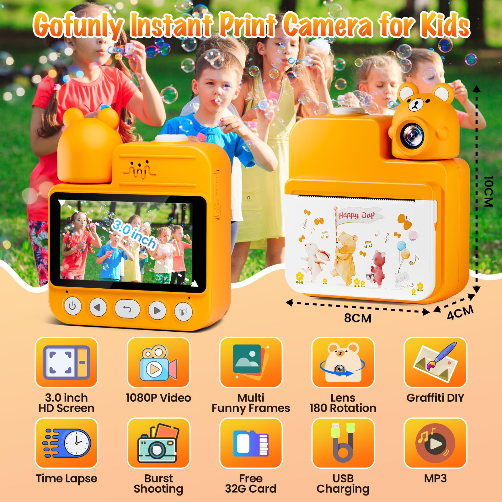 Gofunly Macchina Fotografica Bambini Istantanea, 3,0 Pollici Fotocamera Istantanea Bambini con 32GB Scheda & 3 Carta Stampa, 14MP/1080P HD Videocamera Fotocamera Digitali per Bambino da 3-12 Anni
