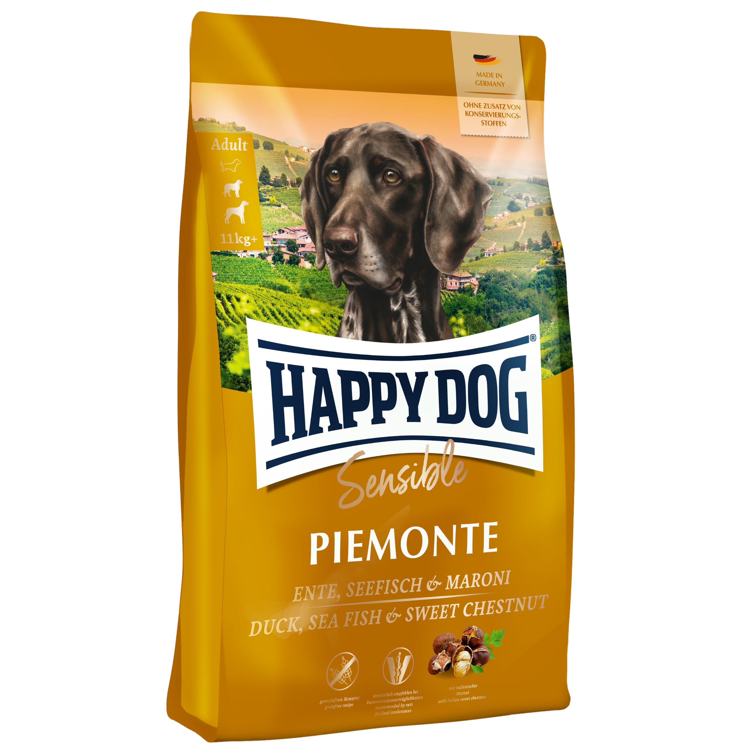 Happy Dog 60445 Sensible Piemonte: Ente, Seefisch und Maroni – Trockenfutter für ausgewachsene Hunde (1 kg)