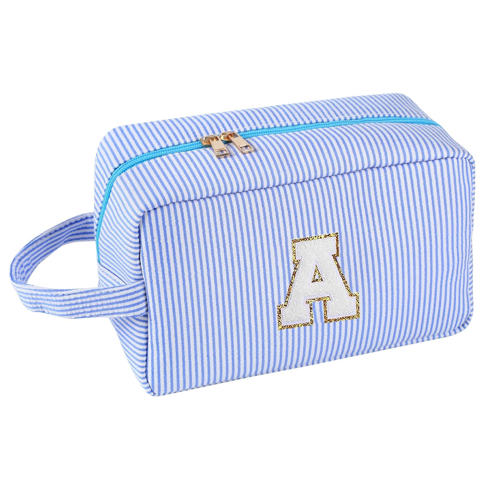 NALACALPersonalized Initial Cute Makeup Bag, Large Travel Cosmetic Bag Make Up Bags Pink Makeup Bag Toiletry Bag with Zipper Makeup Organizer Gifts for Women Friend Girl Bridesmaids (Blue, A)