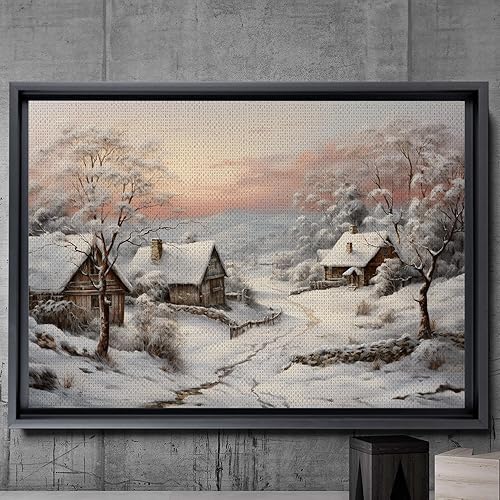 Farm Christmas Eve Wall Art, Farmhouse Sign, Vintage Red Farm Barn Snowy Christmas Painting Canvas Print, Over Mantel Decor Ready To Hang, Framed