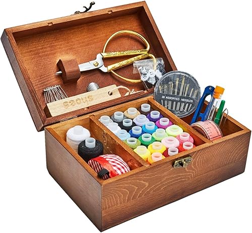 Miniatura 5 de Kit de costura, cesta de coser de madera con accesorios, caja de costura con kit de costura, accesorios para reparación del hogar, juego de