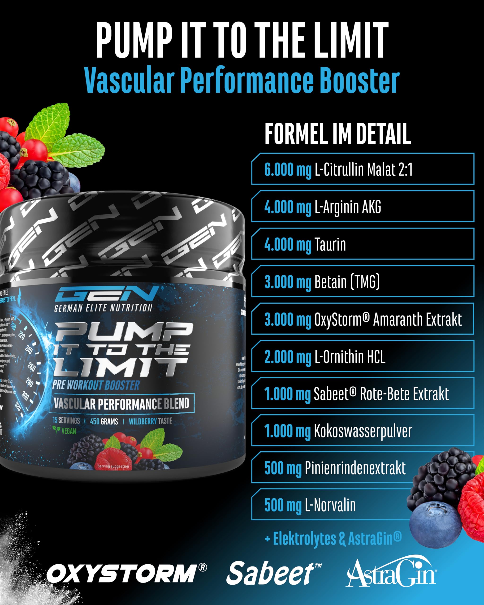GEN GERMAN ELITE NUTRITION Pump it to the Limit - 450 g | Pump Booster ohne Koffein, mit Citrullin Malat, AAKG, OxyStorm®, Sabeet® & AstraGin®, vegan, Wildberry