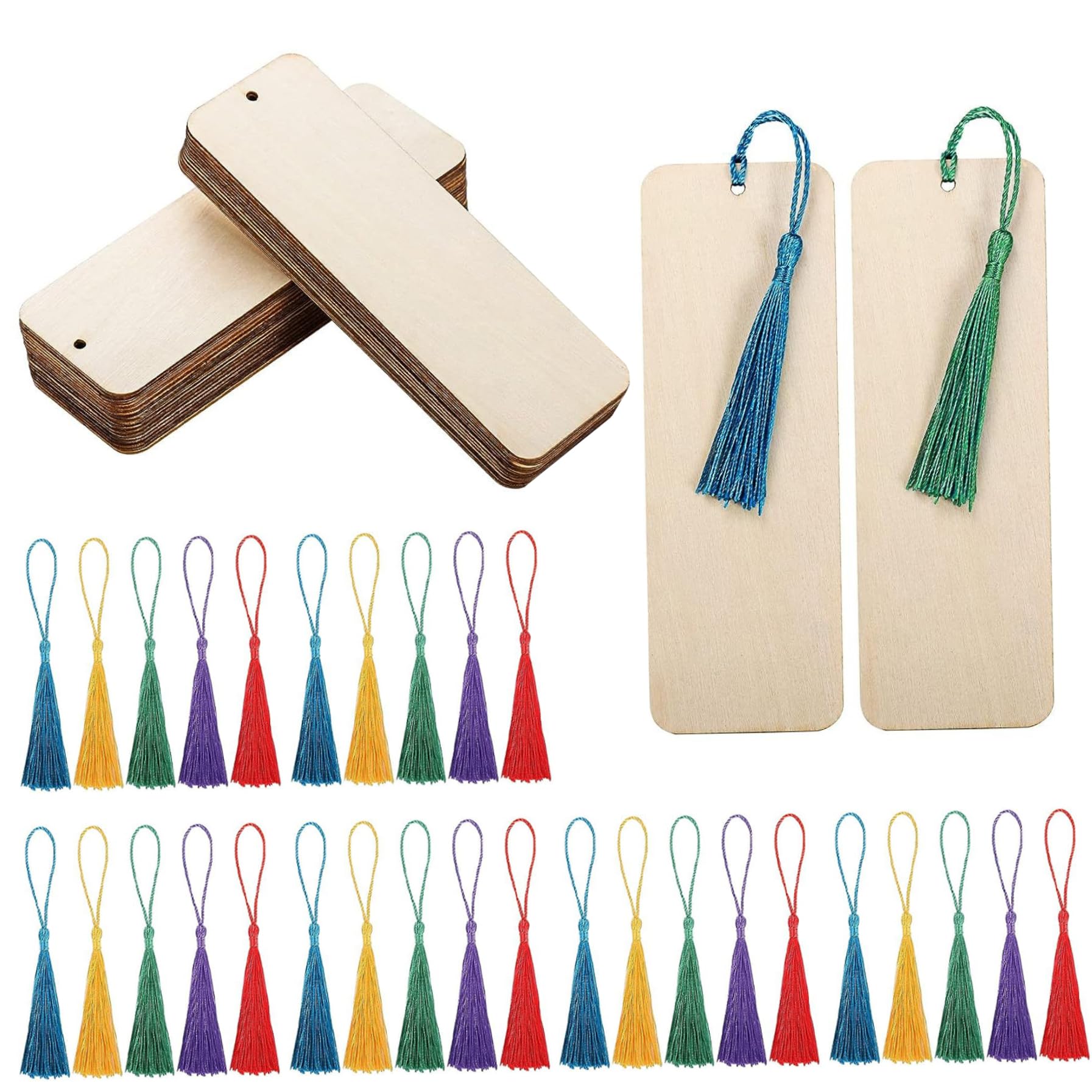 Fkngcp 30Pcs Blank Bookmarks, Wooden Bookmark, 5.9X2 Inch Bookmark Making Kit, Diy Bookmarks With Tassel For Adults Kids Tassels