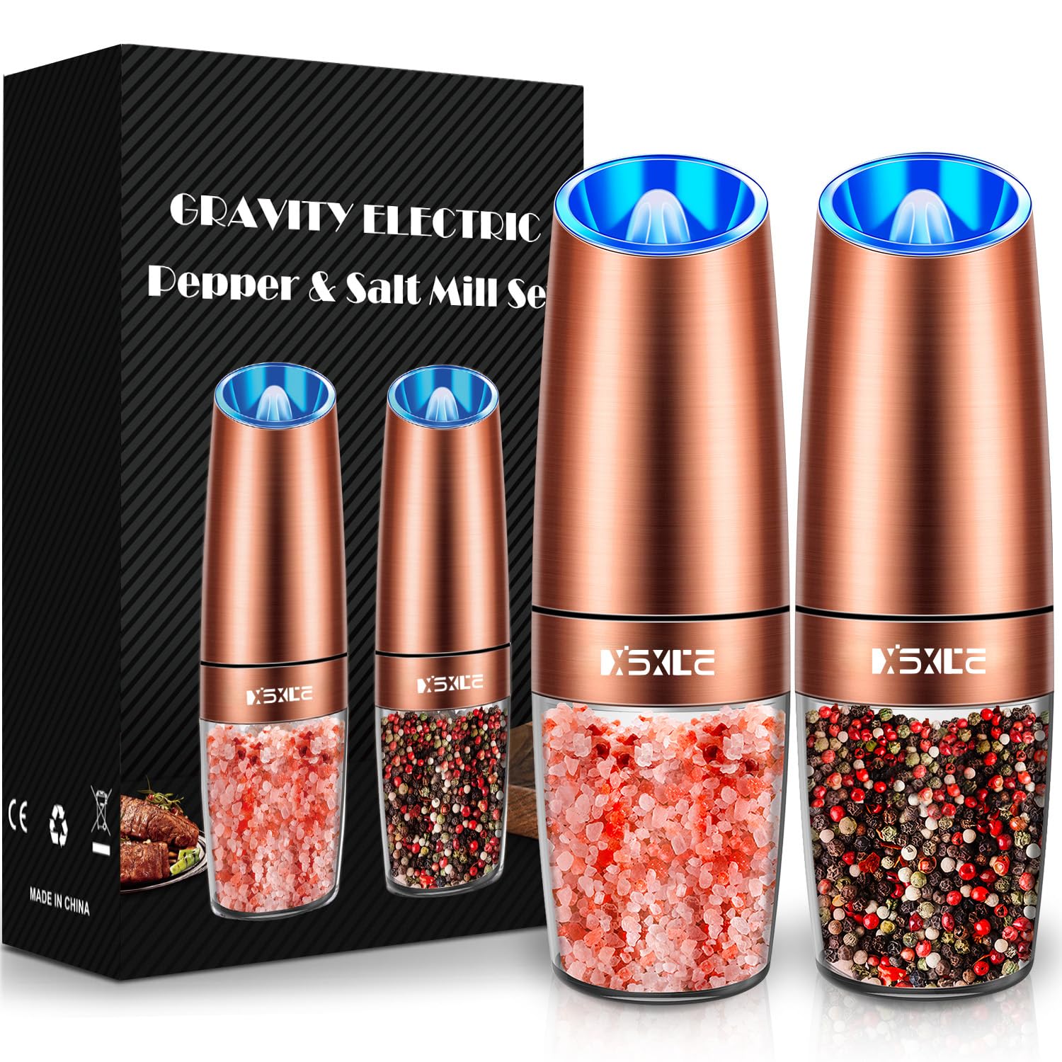 XinXu Gravity Electric Pepper and Salt Grinder Set, Adjustable Coarseness, Battery Powered with LED Light, One Hand Automatic Operation, Stainless Steel -Copper, 2 Pack