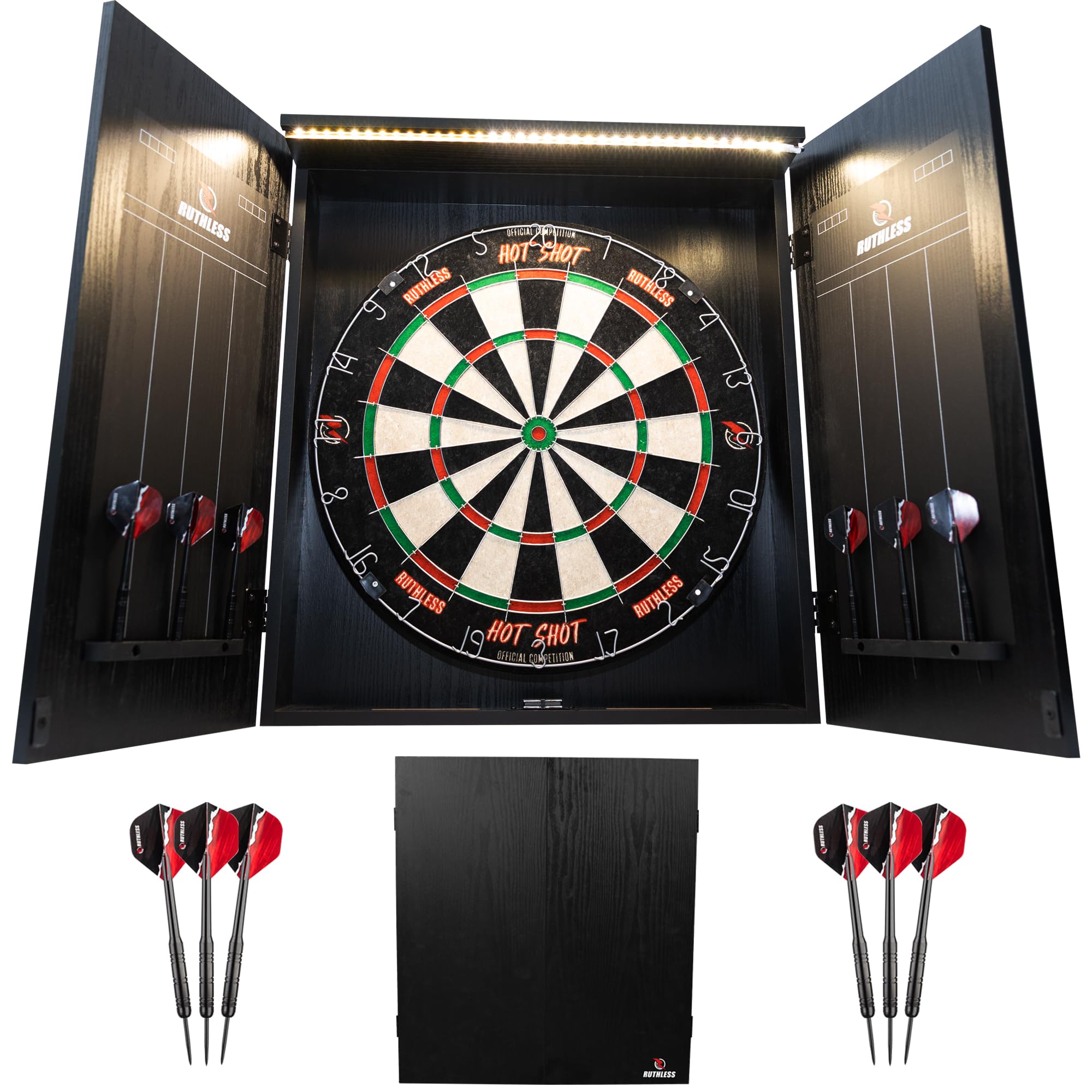 Ruthless Home Darts Centre | LED Light Options | Home Dart Board Centre Including Cabinet, Dartboard and 2 Sets of Darts (USB) — image 1