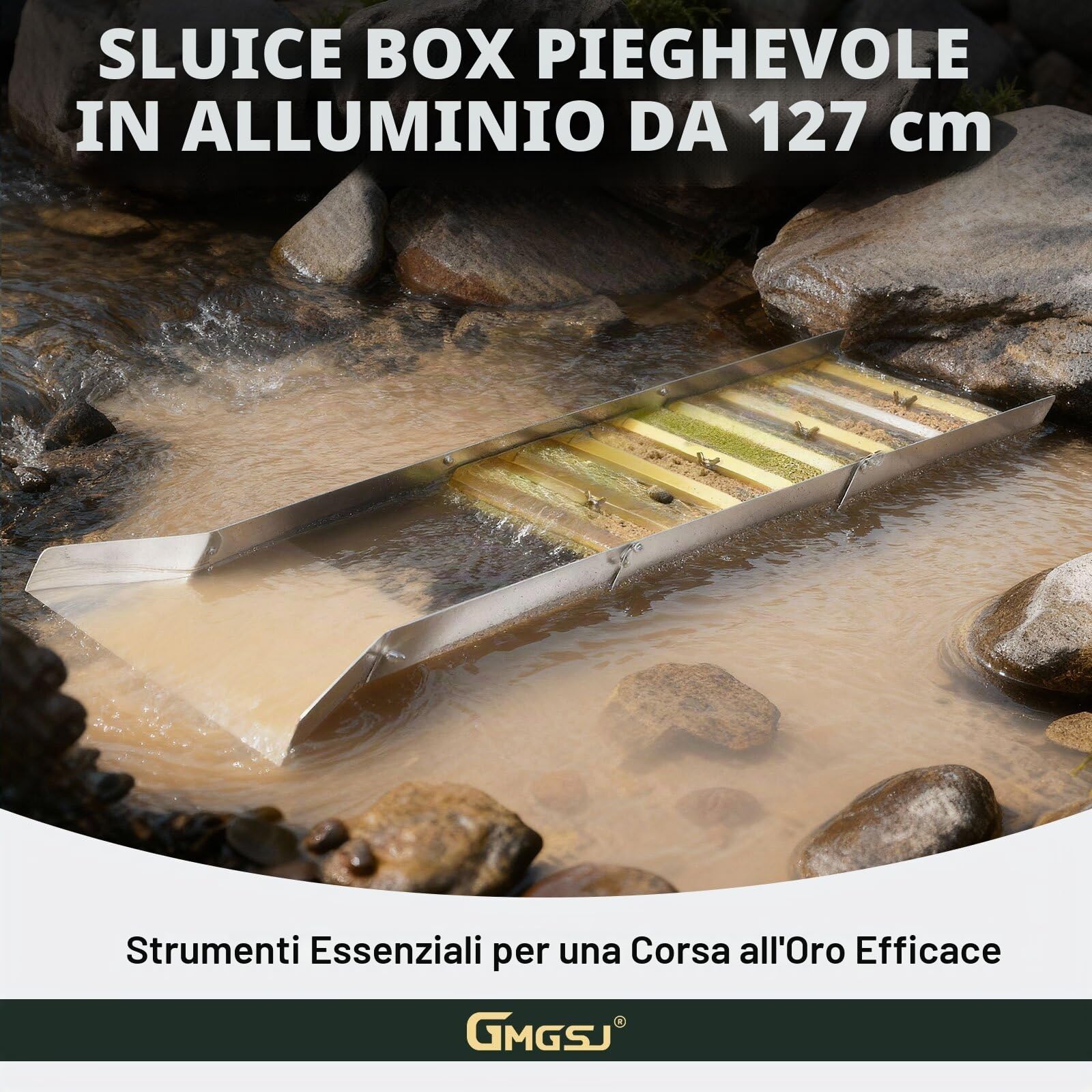 Sluice Box per l'estrazione dell'oro, Sluice Box pieghevole in lega di alluminio da 127 cm (50"), Sluice Box portatili per l'oro, Attrezzatura leggera per la prospezione dell'oro, Sluice Box con