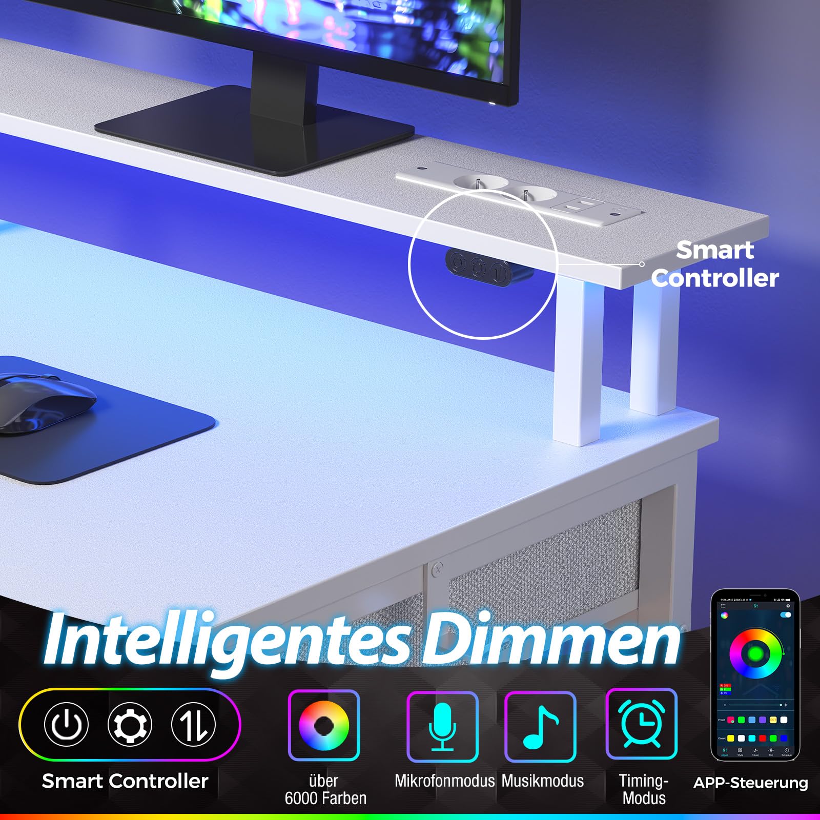 Seventable Computertisch mit Steckdosen & LED-Beleuchtung, 120cm Gaming Schreibtisch mit 5 Schubladen, Gaming Tisch mit Monitorständer, fürs Büro, Arbeitszimmer, Schlafzimmer, Wohnzimmer, Weiß