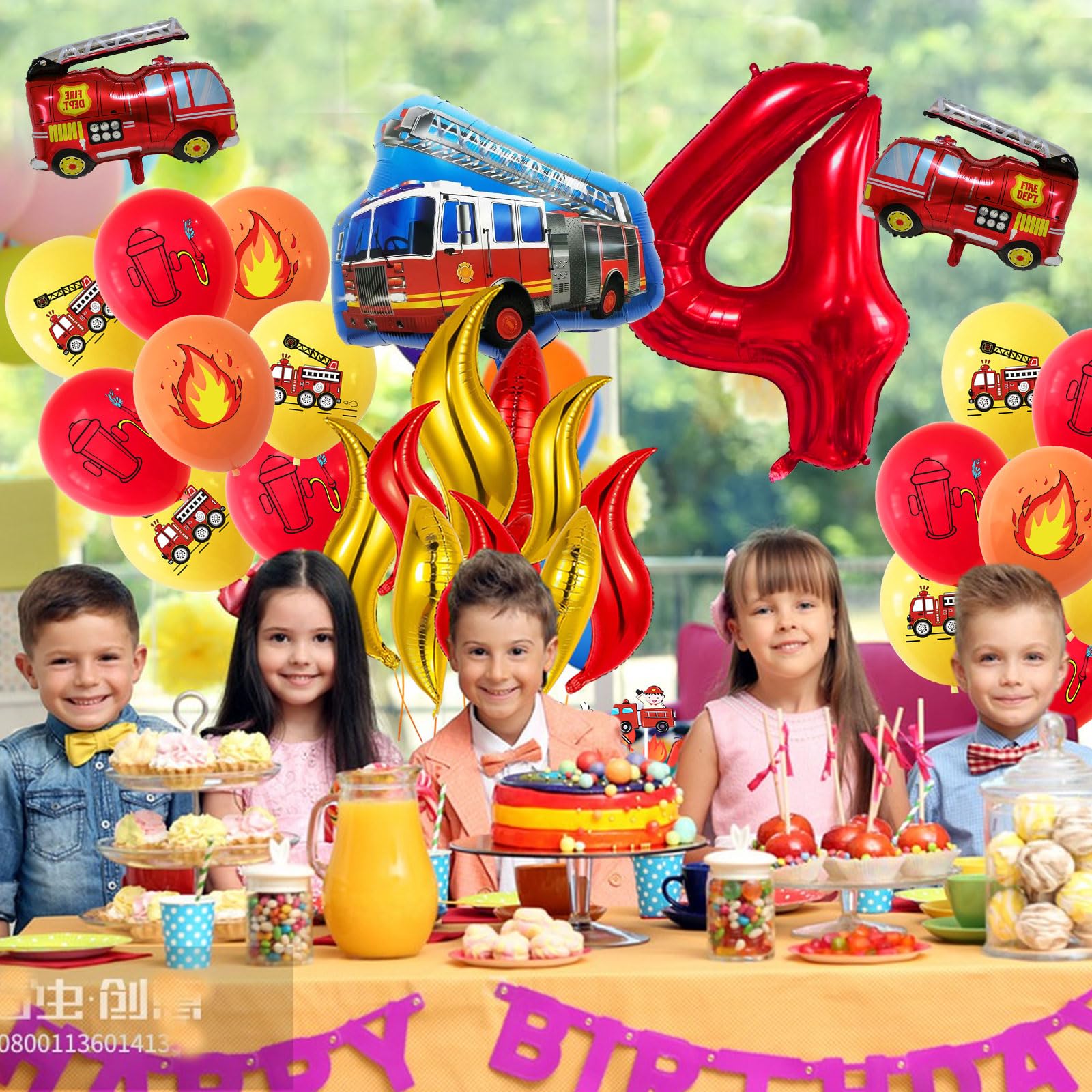 Decorazione Compleanno Vigili Del Fuoco Per Bambino - 42 Pezzi Con Striscione, Palloncini Autopompa E Fiamme - Tema Pompieri - 3