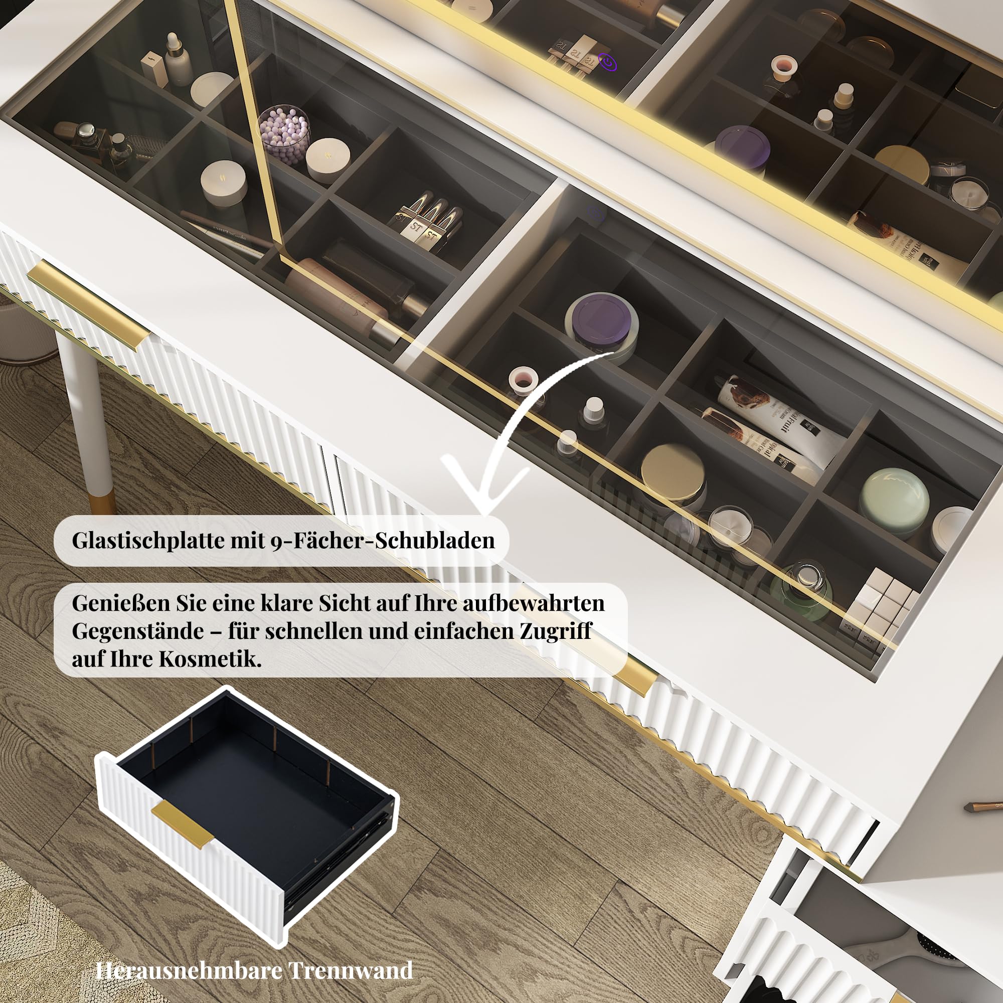 LUXOAK Großer Schminktisch mit LED-Spiegel und USB-Anschluss, 5 Schubladen, Glasplatte, Breites Design 122×40×137 cm, Stabil & Pflegeleicht, Ideal für Schlafzimmer
