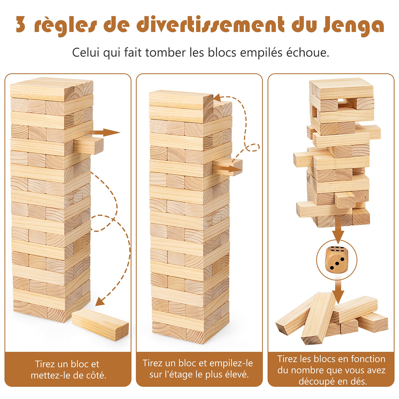 COSTWAY Tour Infernale Géante en Bois avec Divers Façons de Jouer, Jeu d’Adresse avec 54 Blocs à Empiler, Dé et Sac de Rangement, Convient à Partir de 3 Ans, pour Fêtes et Réunion de Famille