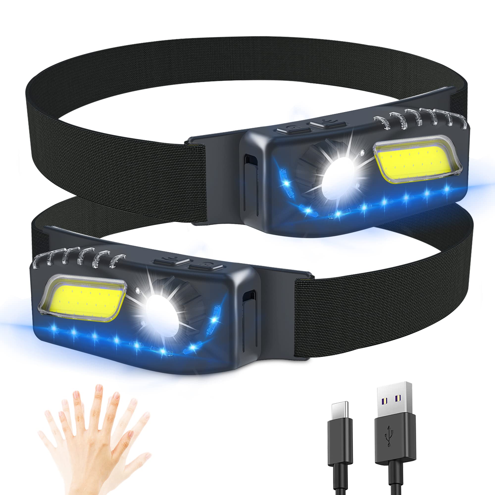Lampe Frontale LED, WOVTE Paquet de 2 lampes frontales rechargeables avec feu arrière rouge, pour Camping Randonnée Course Pêche - Sport