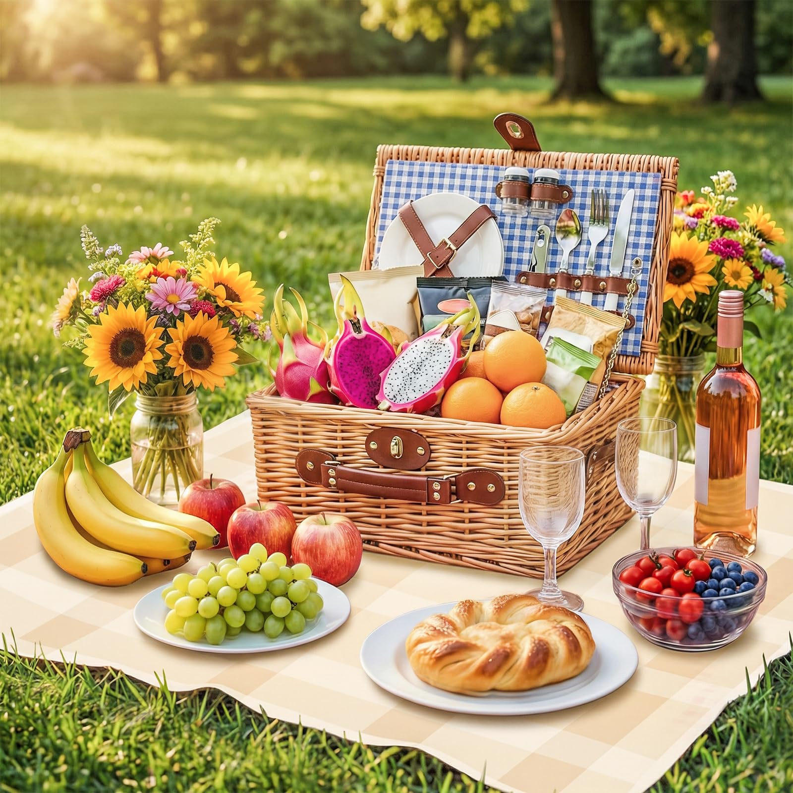 Cesto da Picnic in Vimini per 2 Persone con Scomparto Termico, Blu