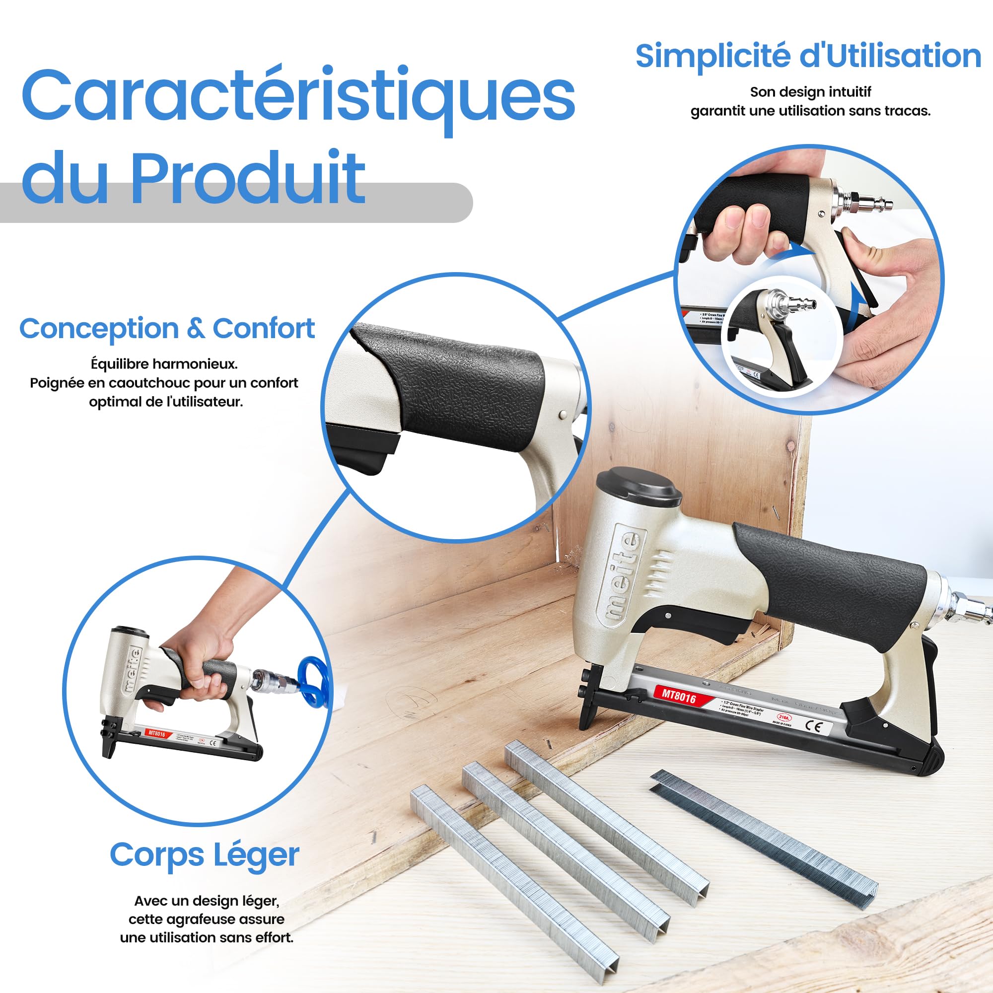 meite MT8016 Agrafeuse Tapissier Pneumatique, Utilise des Agrafes de Type 80, Agrafes 6 à 16 mm, Couronne 12,8 mm – Pression de Travail 4–6 bar – Agrafeuse Pneumatique Pour Meubles et Travail du Bois