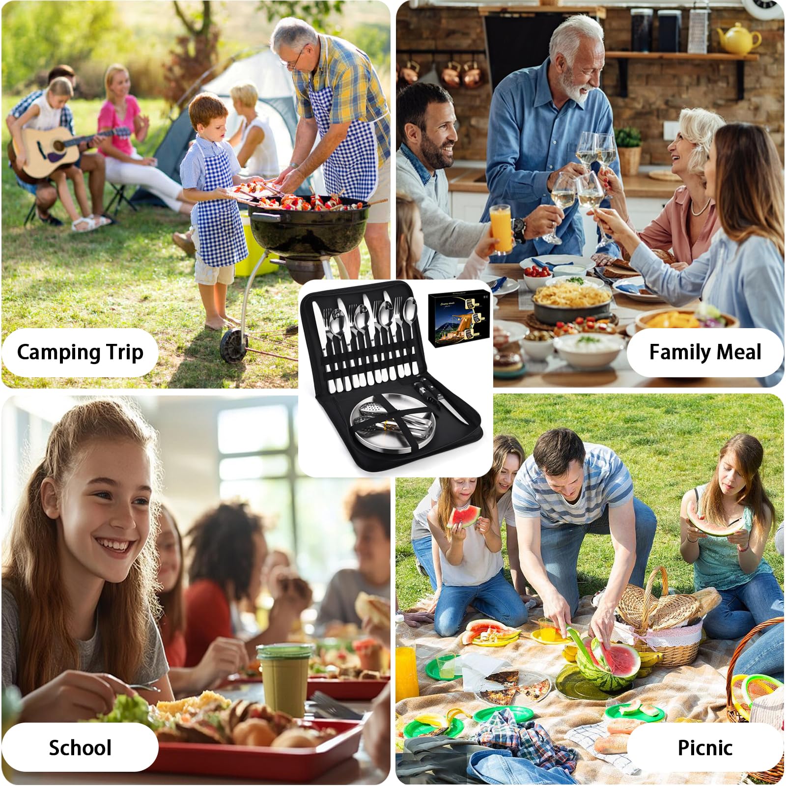 Set di stoviglie da campeggio per 4 persone, 20 posate da campeggio, 4 persone, in acciaio inox, posate da campeggio con cucchiaio, forchetta, coltello, piatto clip per campeggio, picnic,