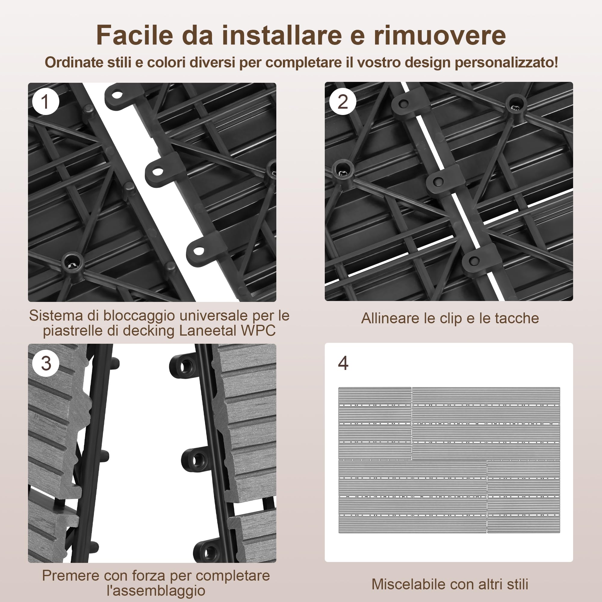 Laneetal Set di 12 Pavimento per Esterno, Pavimento WPC Incastro, per Giardino, Patio, Terrazza, Balcone, Pavimentazione Esterna 30x60 cm, Marrone Chiaro