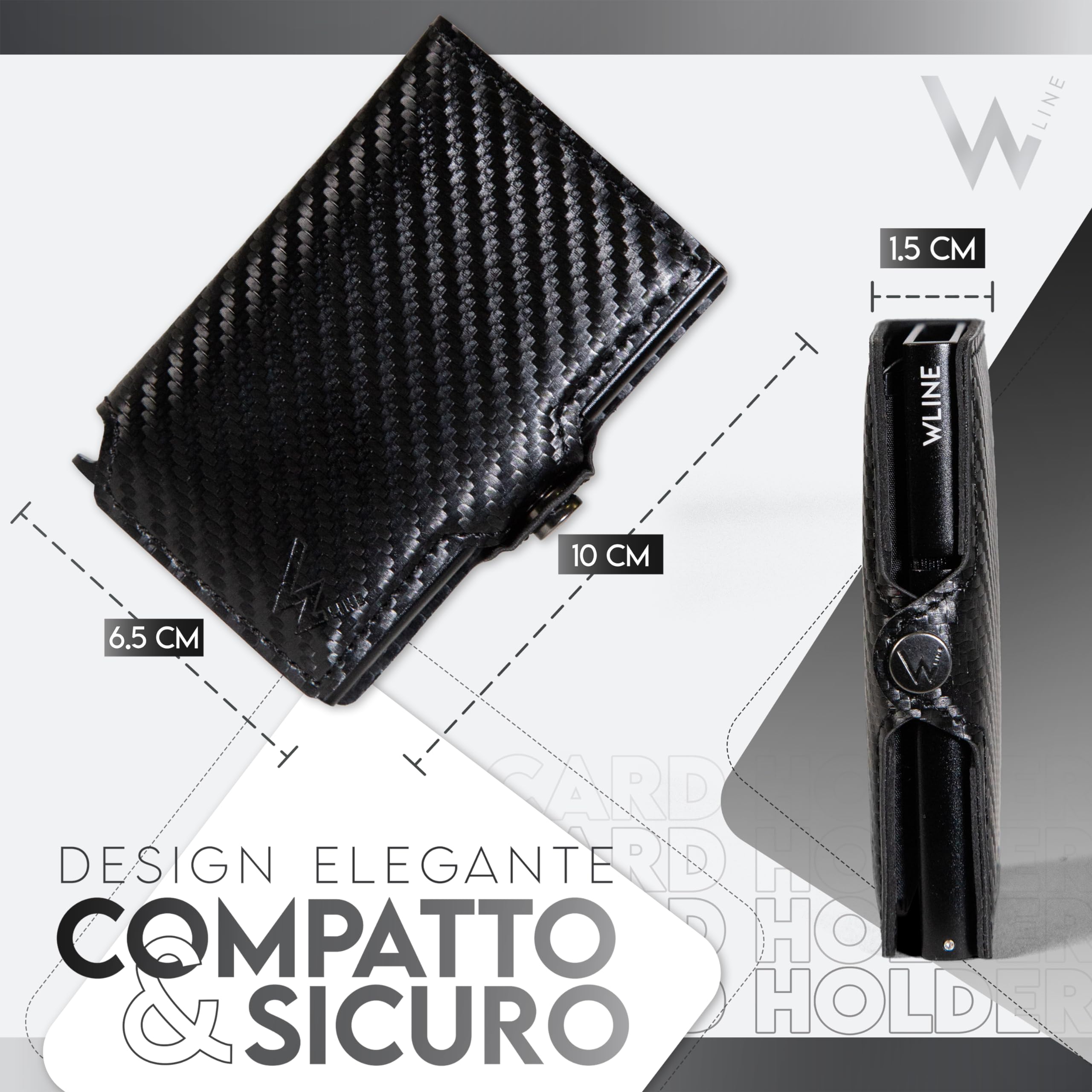 WLine Porta Carte di Credito Uomo e Donna Schermato in Fibra di Carbonio - Portafoglio Uomo Slim Rfid Compatto ed Elegante - Portatessere Uomo Tascabile (Nero Carbon senza Zip)