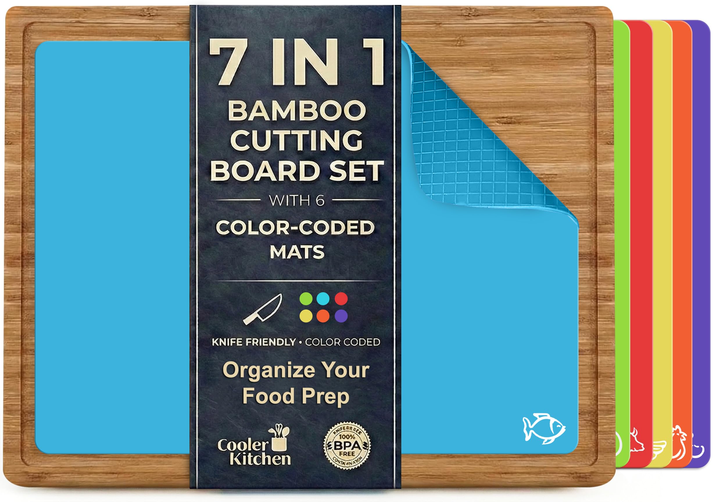Cooler Kitchen Bamboo Wood Cutting Board Set with 6 Color Coded Flexible Plastic Chopping Mats with Food Icons, Wooden Cutting Boards for Kitchen, Wooden Chopping Board Non Toxic Dishwasher Safe