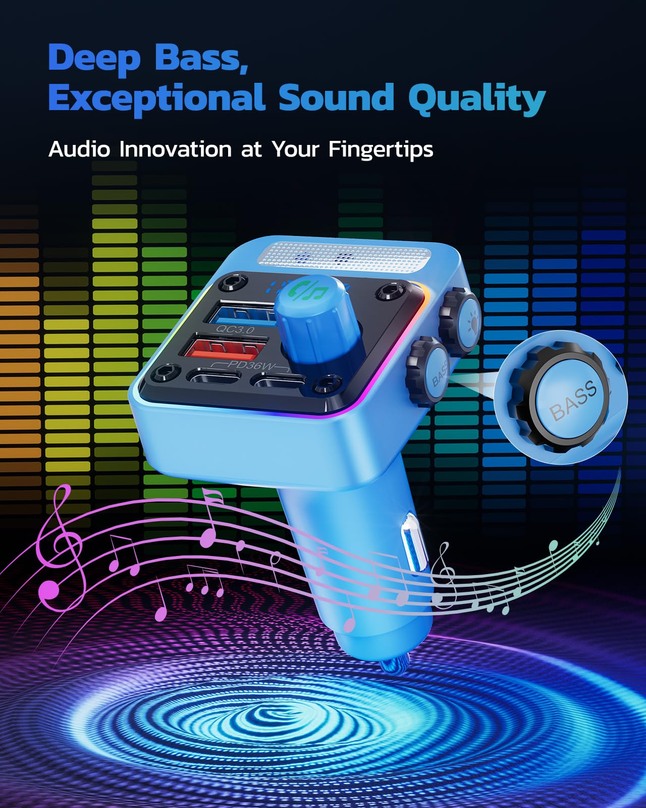 NULAXY 54W Adaptateur Chargeur Allume-Cigare Bluetooth 5.3 avec 4-Port Charge Rapide[PD 36W & QC3.0 18W], Transmetteur FM avec Basses Profondes, Éclairage 5-Couleur, Appels Mains-Libres, Bleu Clair