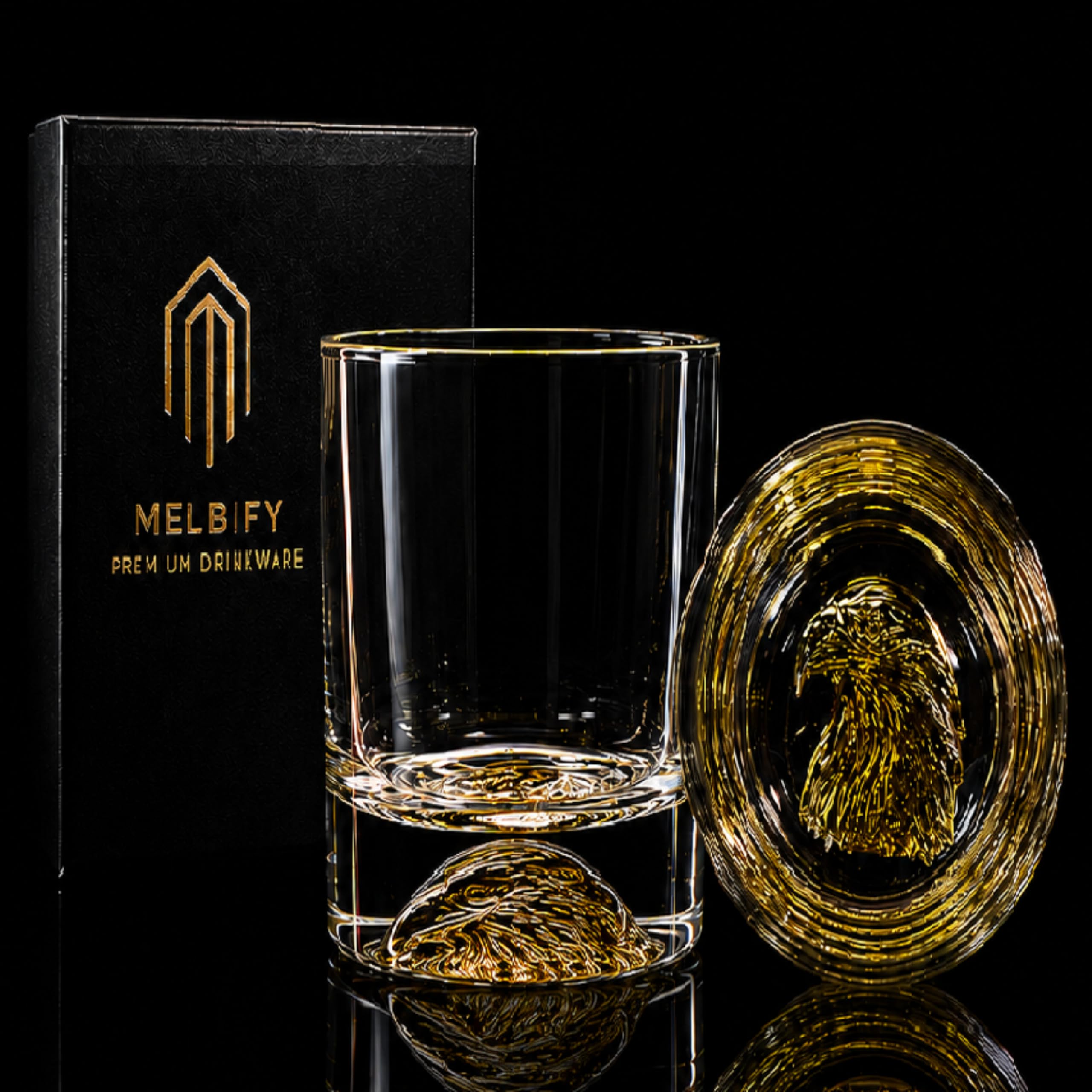 Melbify Eagle Whisky Glass | Set of 2 | 300 ml | Premium Packing | Gift Box | Golden Whiskey Glasses|Big| Unique | Thick| Premium | Thick Bottom | Premium | Speciality Whiskey Glass | Gold Plated