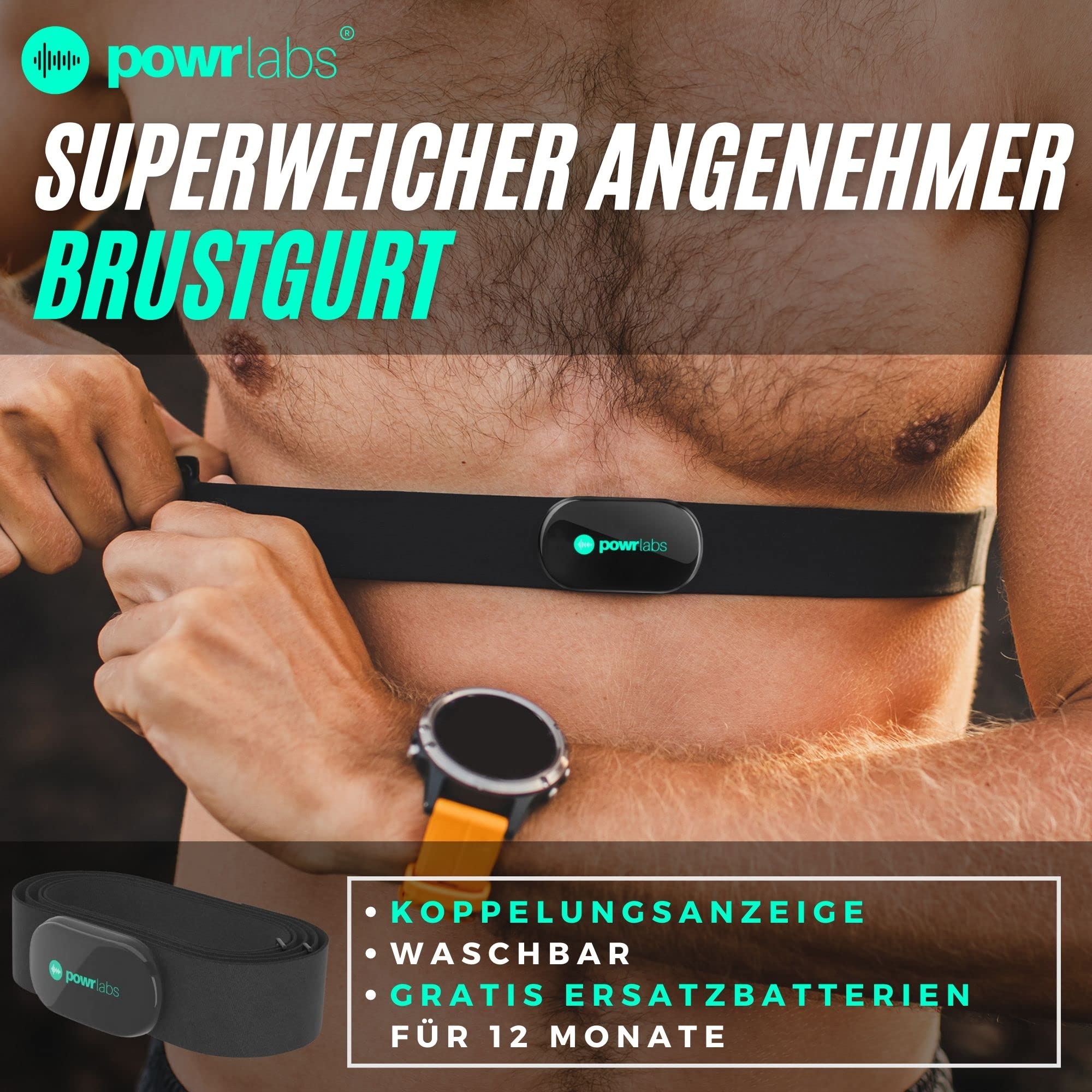 Powr Labs Pulsmesser, Brustgurt, ANT, Bluetooth, mit Brustgurt, HRM Run Bike, für Strava Zwift Wahoo Garmin Polar Peloton