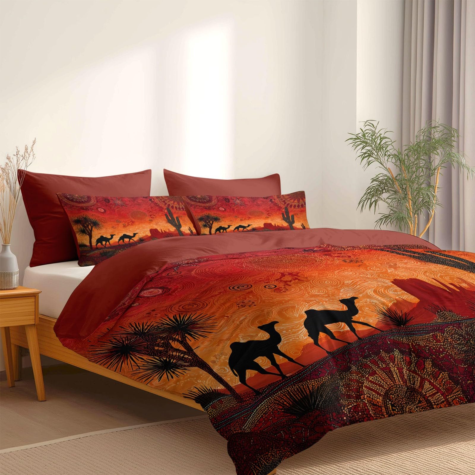 Generisch Boho Stil Kamel Kaktus Wüste Sternbilder 3-teiliges Bettwäsche-Set, 1 Bettbezug 240 x 220 cm und 2 Kissenbezüge 80 x 80 cm,aus bügelfreier Mikrofaser Ziegel