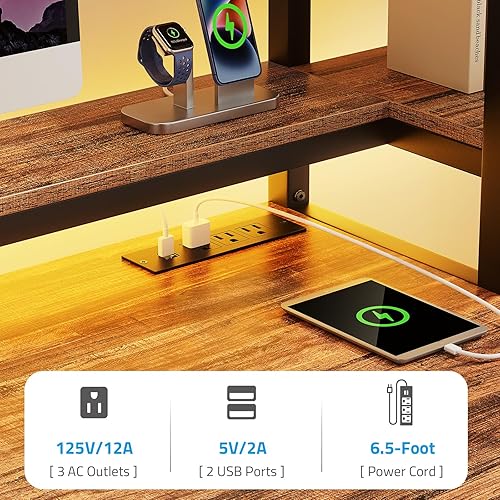 Miniatura 48 de GreenForest Escritorio de oficina con tomas de corriente y estante para impresora, escritorio de computadora de 59 pulgadas con LED y cajón,