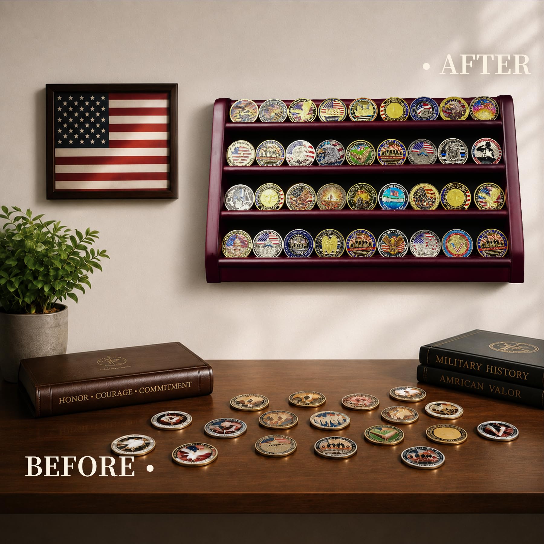 ASmileIndeep Medaillenständer, 4 Reihen, Militär-Challenge-Coin-Ständer, Mahagoni-Finish, Holz
