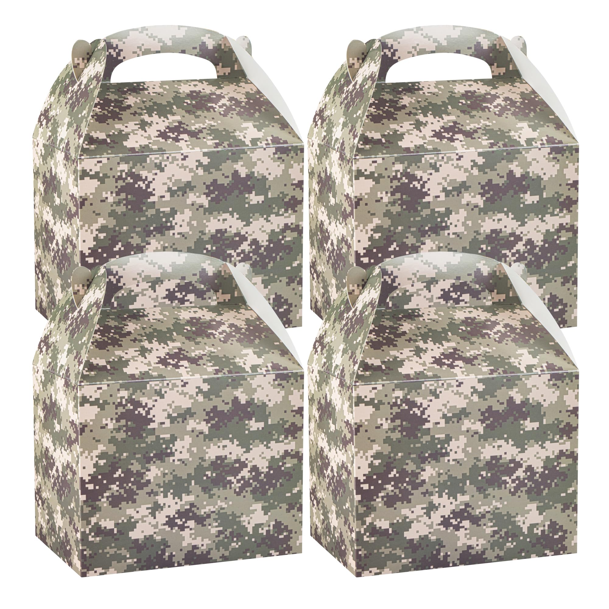 Restaurantware Bio Tek 10 x 7 x 8 Inch Gable Boxes For Party Favors 100 Durable Gift Treat Boxes - Camouflage Print With Built-In Handle Paper Barn Boxes Disposable For Parties