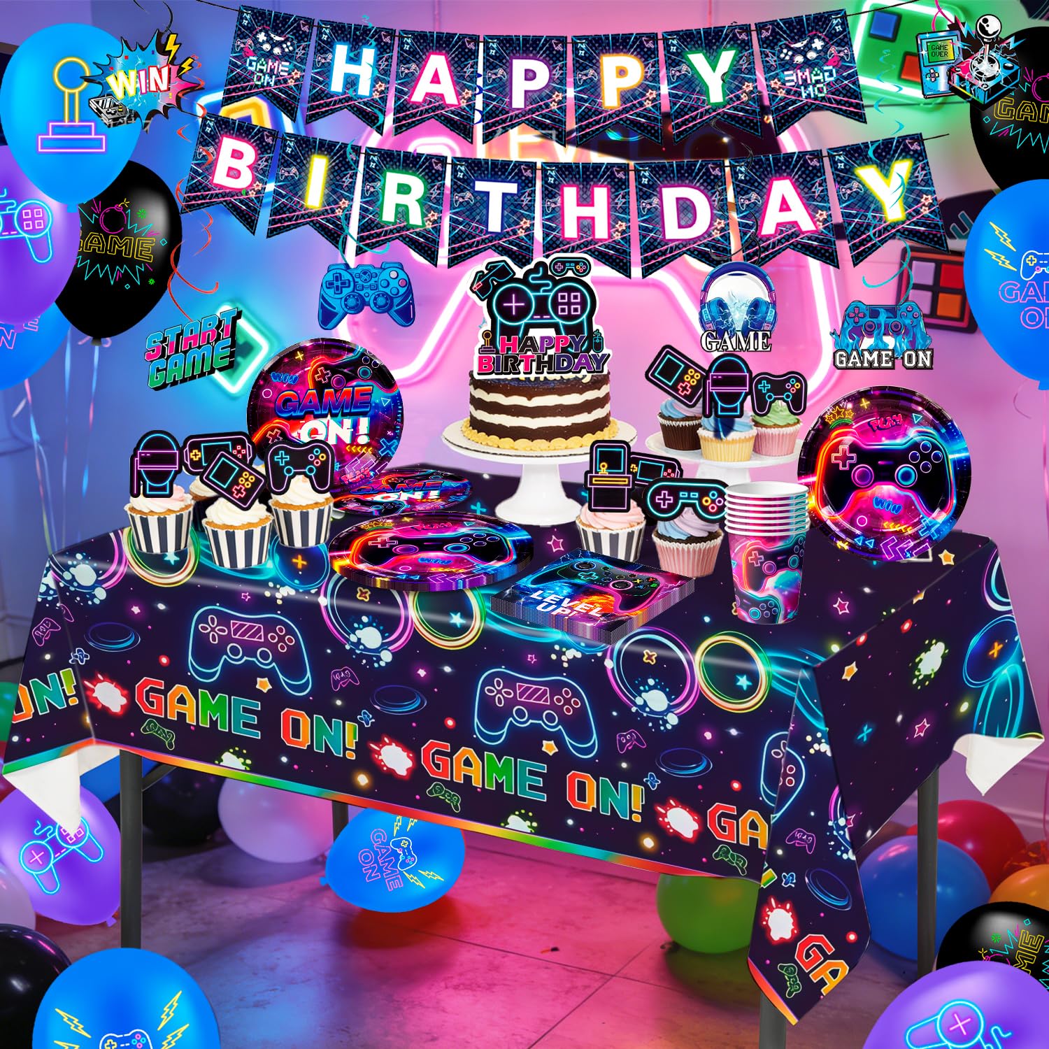 Juego de Vajilla de Fiesta de Videojuegos,111 Piezas Videojuego Fiesta Platos Servilletas Mantele etc Vajilla para Fiesta de Cumpleaños de Videojuegos
