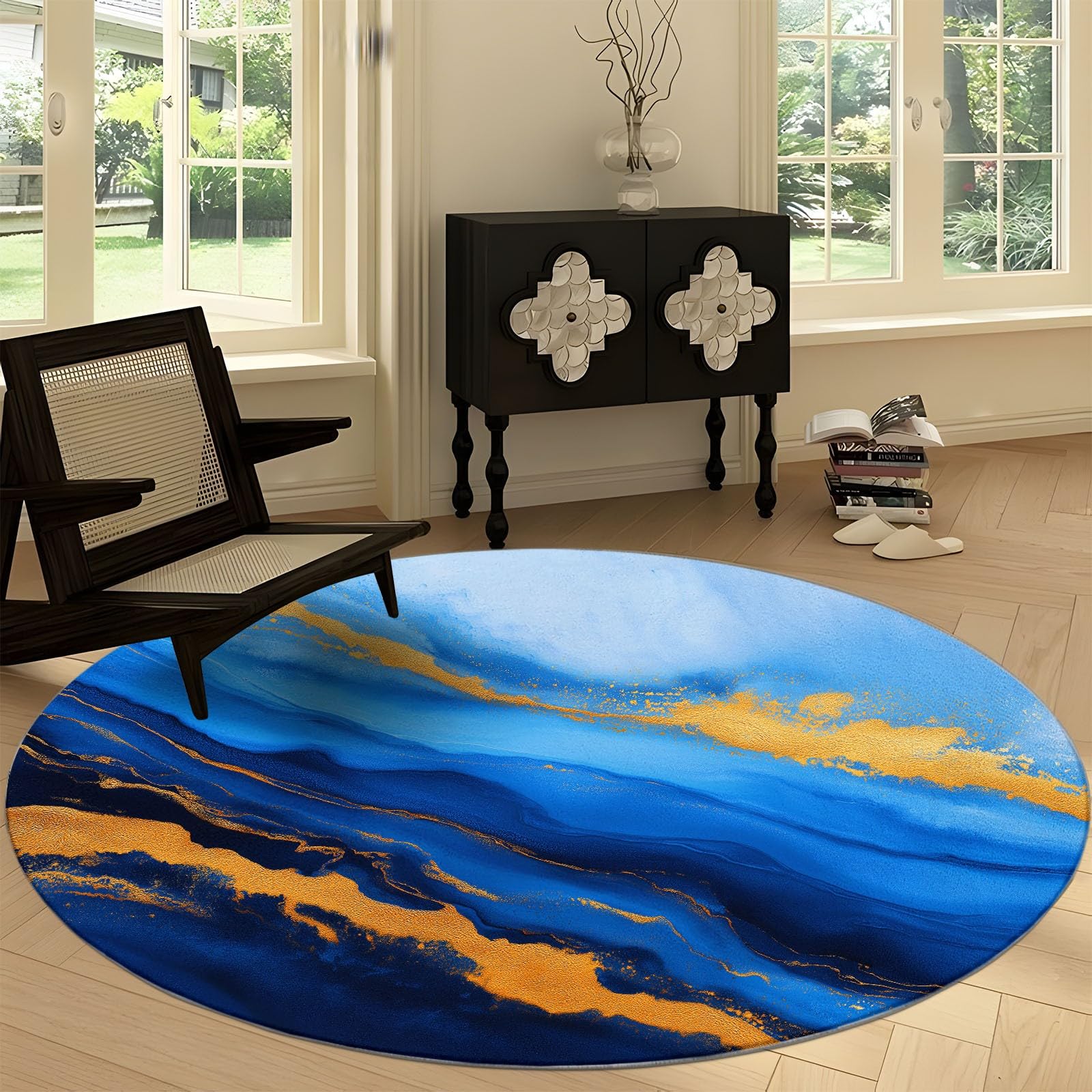 Générique Tapis Rond Salon 180 cm Texture Bleu Or Abstrait, Tapis de Sol décoration marbre Encre antidérapant Coureur - pour Chambre Cuisine Balcon terrasse Salon Salle à Manger intérieur extérieur