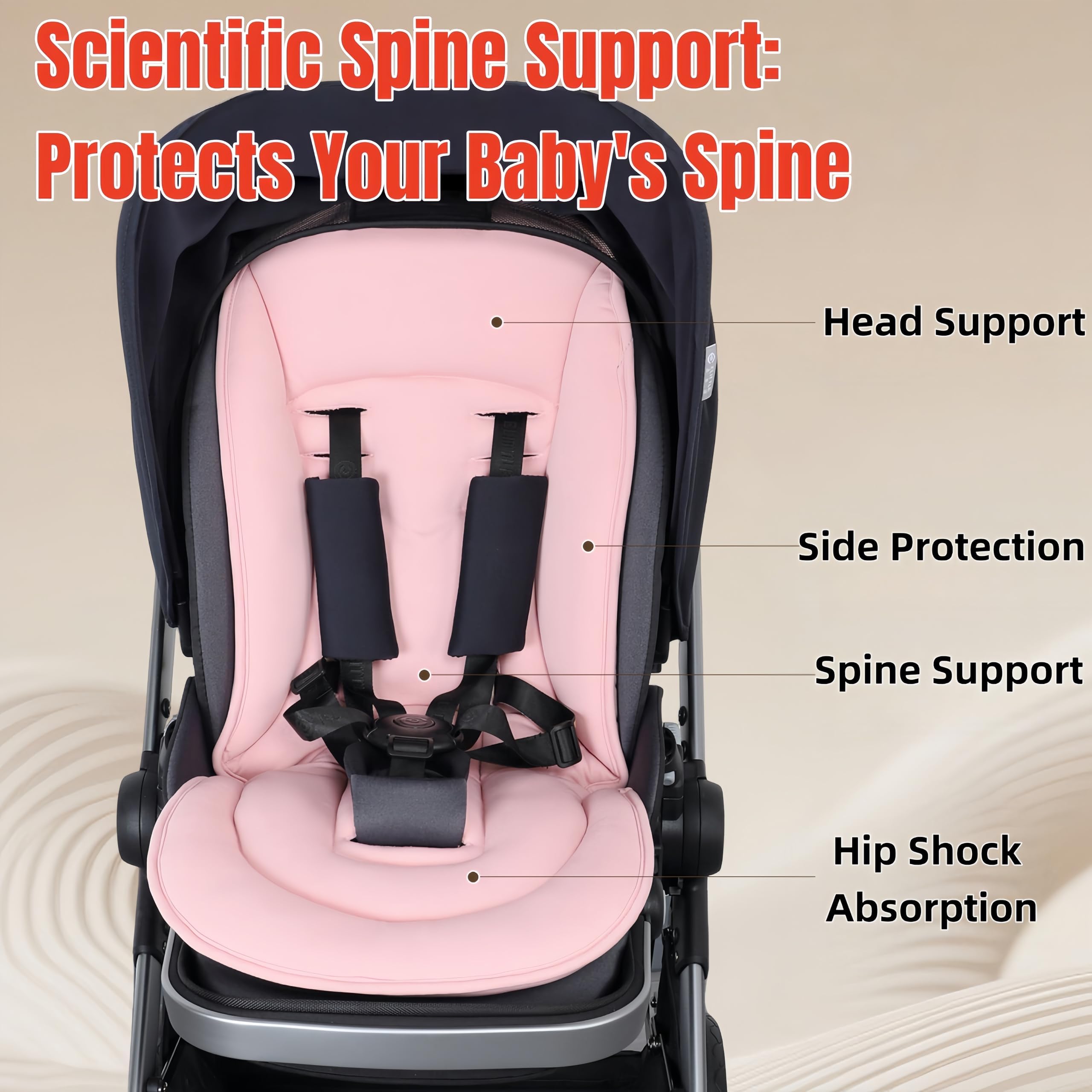 Buggy Sitzauflage aus Baumwolle, beidseitig verwendbar, universal für 99% Kinderwagen Modelle, atmungsaktiv & maschinenwaschbar, mit Rückenstütze (Pink)