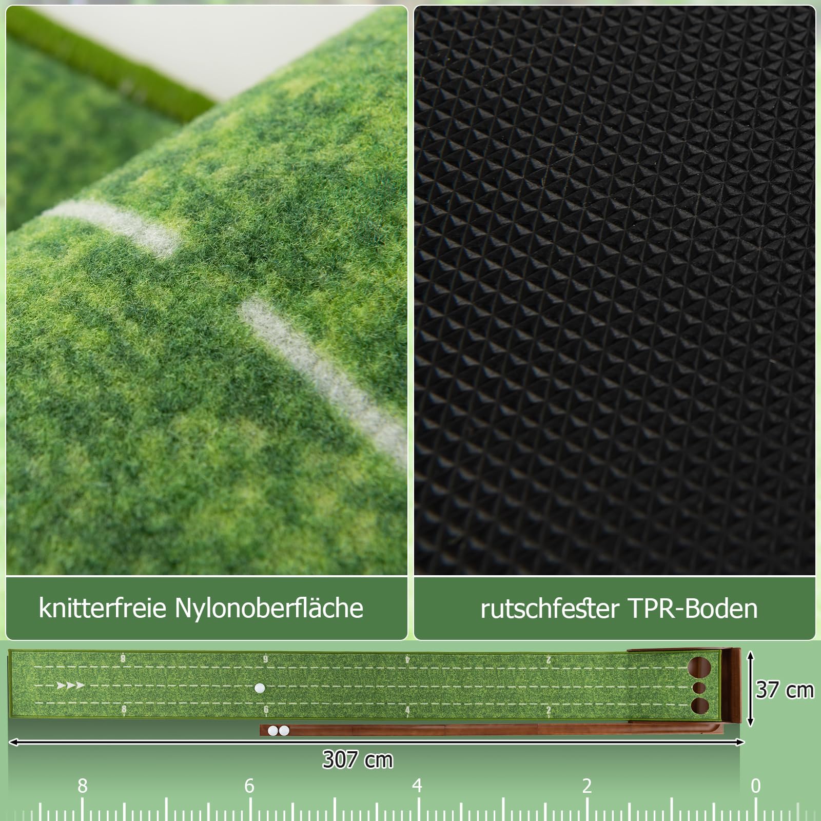 GYMAX Golf Puttingmatte mit automatischem Ballrücklaufsystem, Golf Übungsmatte mit Zielbezugslinie & Entfernungsskala, Golf Trainingsmatte für Anfänger & Profis, grün